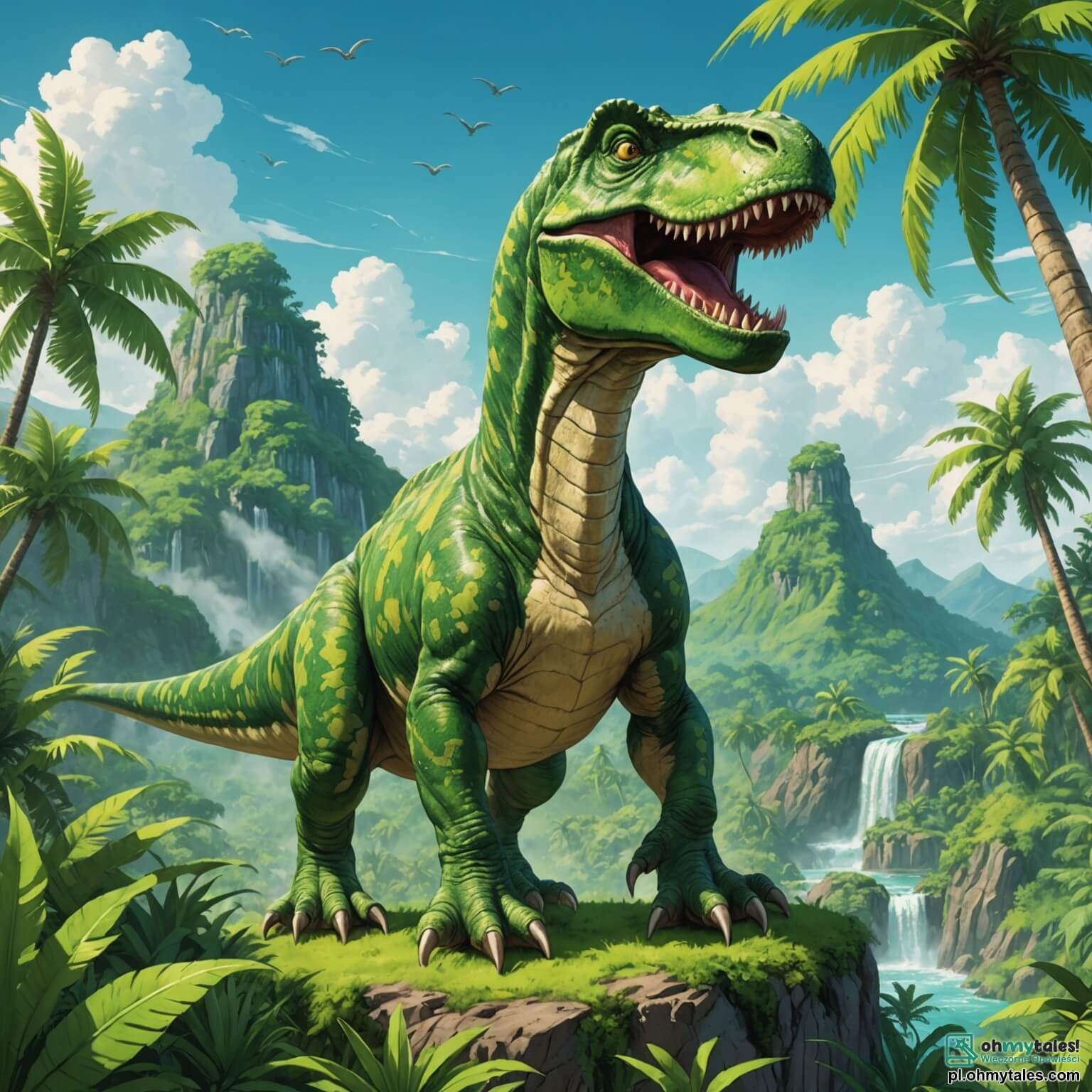 Une illustration destinée aux enfants représentant un majestueux Tyrannosaure Rex, avec sa peau verte parsemée de taches brunes, se tenant fièrement au sommet d'une colline verdoyante surplombant une vaste jungle luxuriante où les palmiers dansent au gré du vent, tandis qu'il se lance dans une aventure palpitante à la recherche d'une mystérieuse fontaine magique qui exauce les vœux, accompagné de sa fidèle amie, une petite triceratops aux grands yeux curieux et aux trois cornes scintillantes, tous deux entourés de chants d'oiseaux colorés et du doux murmure d'une rivière serpentant à travers les feuillages épais, créant une atmosphère d'émerveillement et de camaraderie au cœur de cette époque préhistorique.