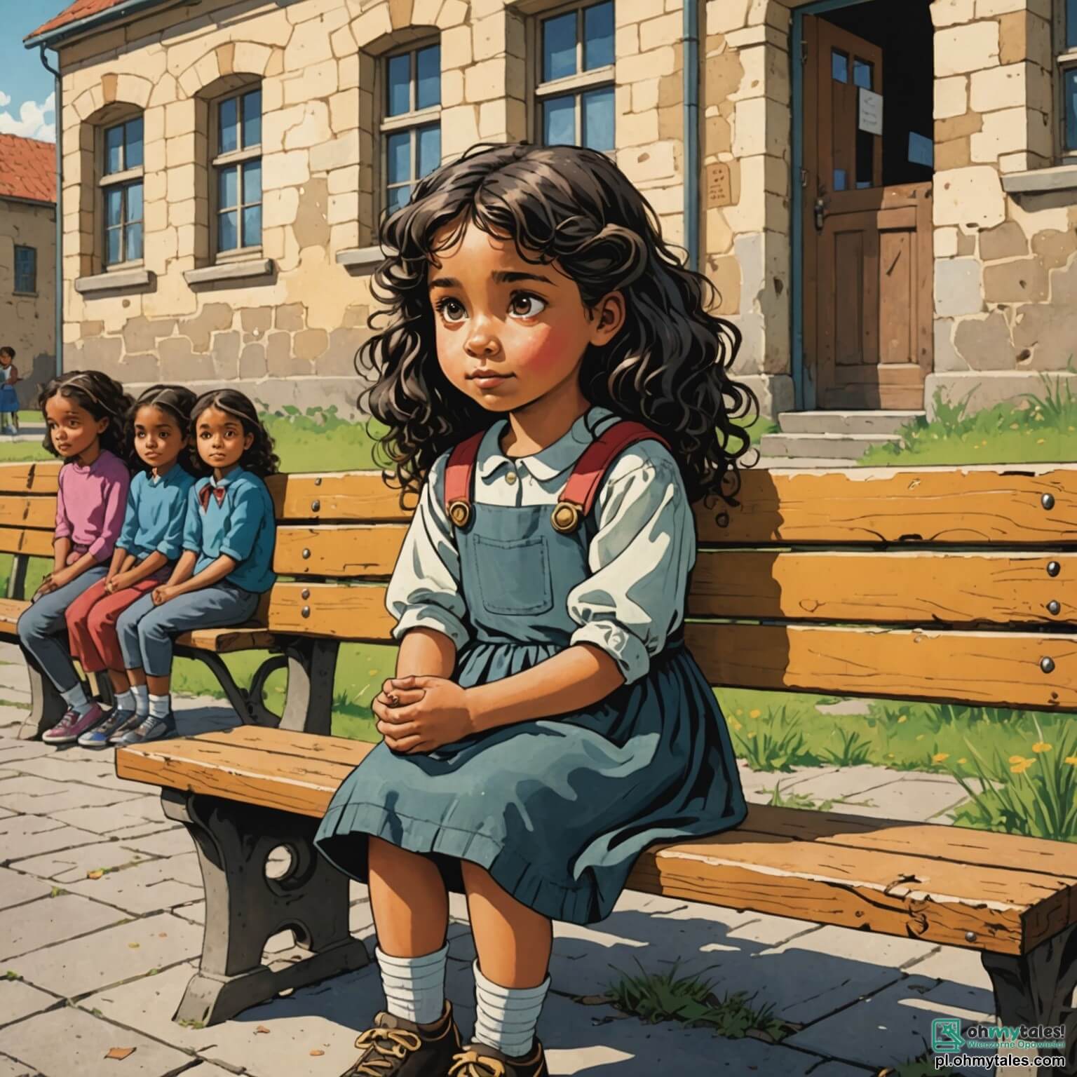 Une illustration destinée aux enfants représentant une petite fille aux cheveux bouclés et dorés, assise seule sur un banc en bois usé dans une cour d'école ensoleillée, entourée de murs peints en couleurs vives mais ternies par le temps, tandis que des groupes d'enfants rient et jouent à proximité, ignorant son regard triste et mélancolique, tandis qu'une autre fille, aux cheveux longs et noirs, se tient en retrait, observant la scène avec un air de désapprobation, et un garçon aux lunettes épaisses, qui, bien qu'il soit timide, semble prêt à intervenir pour défendre la petite fille, créant ainsi une atmosphère de tension et de solidarité au cœur de cet environnement scolaire vibrant mais parfois cruel.
