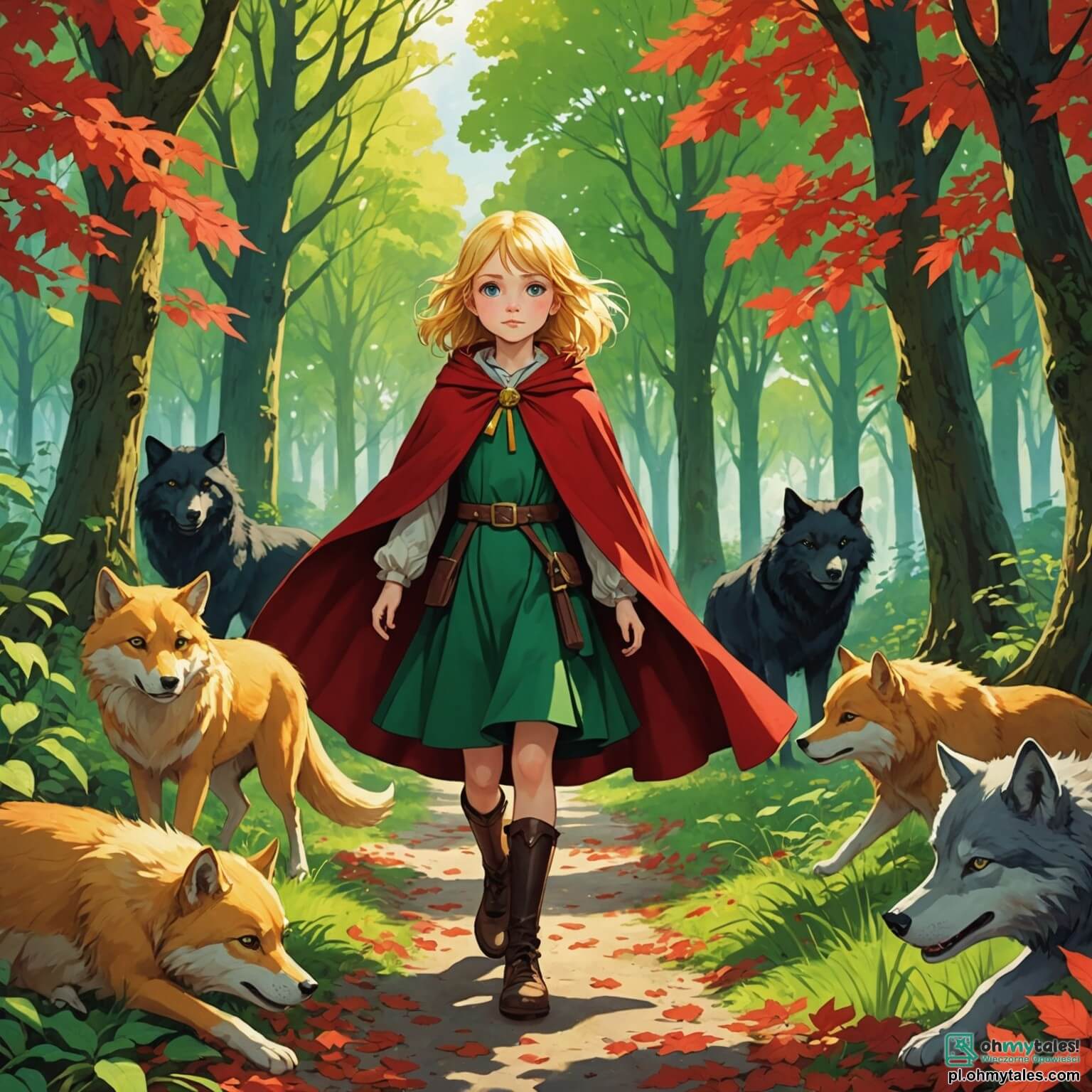Une illustration destinée aux enfants représentant une petite fille aux cheveux dorés, vêtue d'une pelisse rouge éclatante qui contraste avec les verts éclatants des feuilles des arbres majestueux qui forment un toit luxuriant au-dessus d'une clairière ensoleillée, où elle se tient courageusement face à un grand méchant loup à la fourrure sombre et aux yeux perçants, qui se cache derrière des buissons touffus, tandis qu'un groupe d'animaux curieux, comme un petit renard rusé et une sage chouette aux plumes chatoyantes, observe la scène avec des regards à la fois inquiets et fascinés, dans ce monde enchanteur où la lumière filtre à travers les branches, créant des ombres dansantes sur le sol parsemé de fleurs sauvages et de champignons colorés.