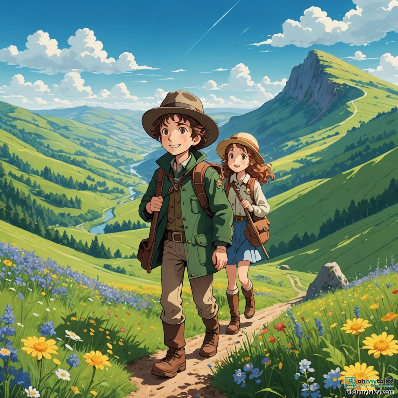 Une illustration destinée aux enfants représentant un homme passionné par les mystères du passé, vêtu d'un chapeau d'explorateur et d'une veste pleine de poches, fouillant avec enthousiasme une vaste vallée verdoyante, parsemée de collines ondulantes et de fleurs sauvages colorées, tandis qu'à ses côtés, une fille aux yeux pétillants et aux cheveux bouclés, armée d'une petite pelle, l'aide à déterrer des trésors oubliés, le tout dans un cadre ensoleillé où le ciel bleu se mêle aux nuages cotonneux.