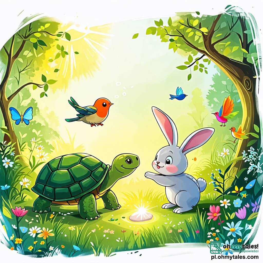 Une illustration sous forme de dessin destinée aux enfants représentant une scène ensoleillée dans une forêt verdoyante, où une tortue au carapace verte et brillante, marchant lentement avec un sourire doux, est entourée d'un joyeux lapin aux grandes oreilles blanches qui saute autour d'elle, et d'un petit oiseau aux plumes colorées qui vole en chantant, tandis qu'ils découvrent ensemble un magnifique caillou scintillant caché dans l'herbe, symbolisant l'amitié et la beauté des différences.