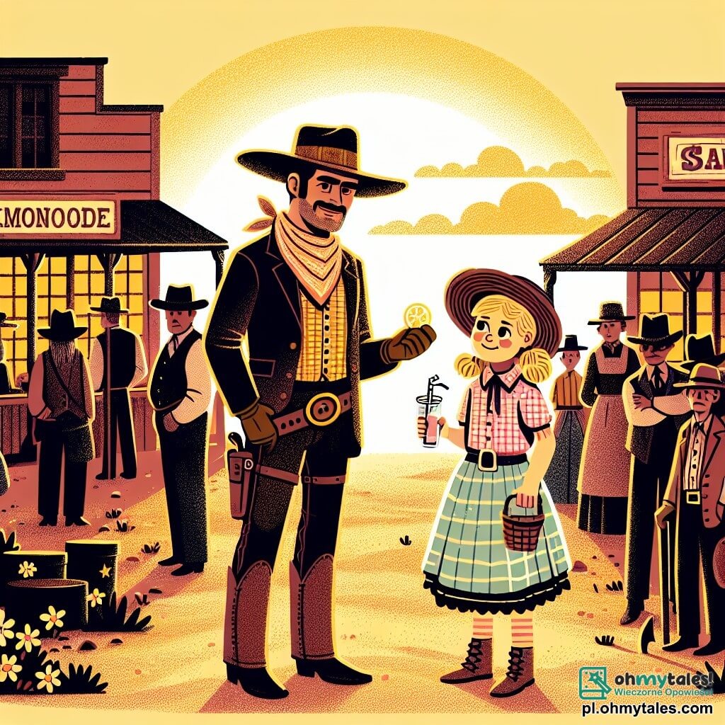 Une illustration sous forme de dessin destinée aux enfants représentant un saloon animé dans un petit village du Far West, avec un homme courageux portant un large chapeau de cowboy, une chemise à carreaux et un pantalon en cuir, tenant une pièce de monnaie dans sa main, tandis qu'une jeune fille aux cheveux blonds et aux yeux pétillants, vendant de la limonade, l'observe avec admiration, alors qu'ils se tiennent devant un groupe de villageois inquiets, tous réunis pour découvrir le voleur des économies du saloon, le soleil couchant projetant des ombres dorées sur le sol poussiéreux.