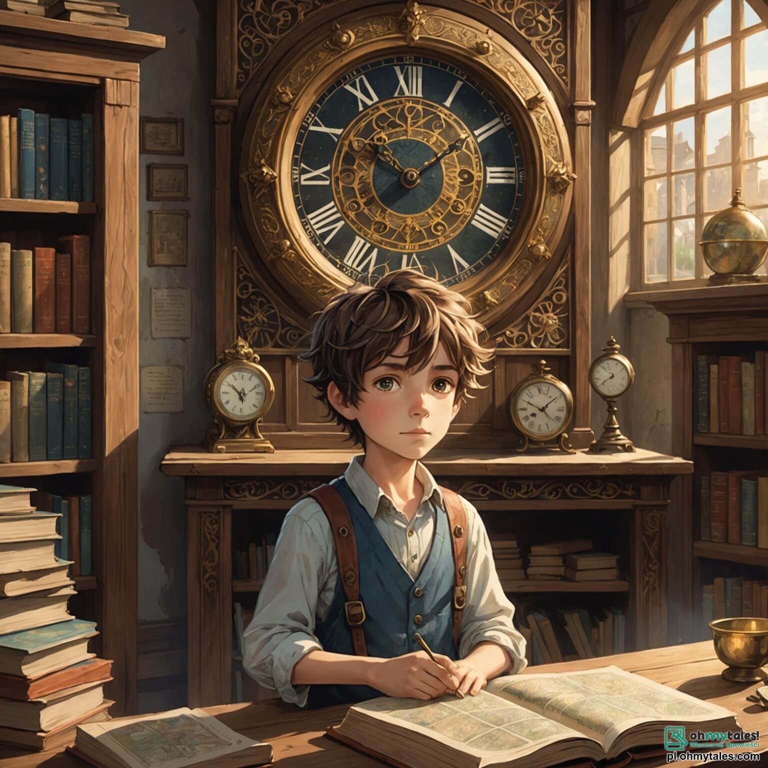Une illustration destinée aux enfants représentant un jeune garçon aux yeux pétillants de curiosité, aux cheveux ébouriffés comme des rayons de soleil, se tenant devant un vieux et mystérieux horloge en bois ornée de motifs délicats, dans une pièce remplie de livres poussiéreux et de cartes anciennes, tandis qu'il se prépare à vivre une aventure incroyable à travers le temps, accompagné de son ami imaginaire, un petit être aux grandes oreilles et au sourire malicieux, qui l'encourage à explorer des contrées lointaines, dans un monde où les couleurs vibrent et où les murs semblent murmurer des secrets oubliés.
