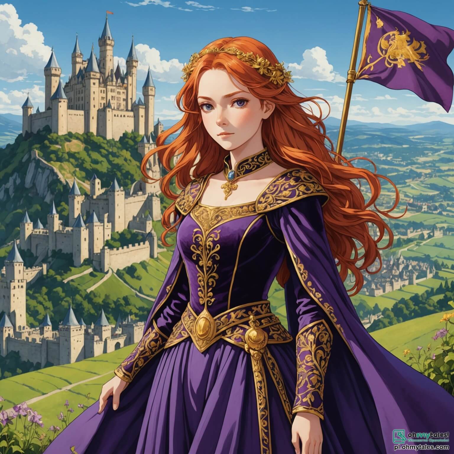 Une illustration destinée aux enfants représentant une jeune femme à la chevelure flamboyante, drapée dans une robe en velours pourpre ornée de broderies dorées, se tenant fièrement au sommet d'une colline verdoyante surplombant un royaume médiéval, où des châteaux majestueux aux tours élancées se dressent contre un ciel azur, tandis qu'un vent léger fait danser les drapeaux colorés, alors qu'elle se prépare à défendre son peuple contre un envahisseur maléfique, accompagnée de son fidèle ami, un jeune garçon au regard déterminé, portant une armure en cuir usée et une épée scintillante, tous deux prêts à plonger dans l'inconnu d'une forêt enchantée, où les arbres noueux et les fleurs luminescentes cachent des secrets anciens et des créatures fantastiques.
