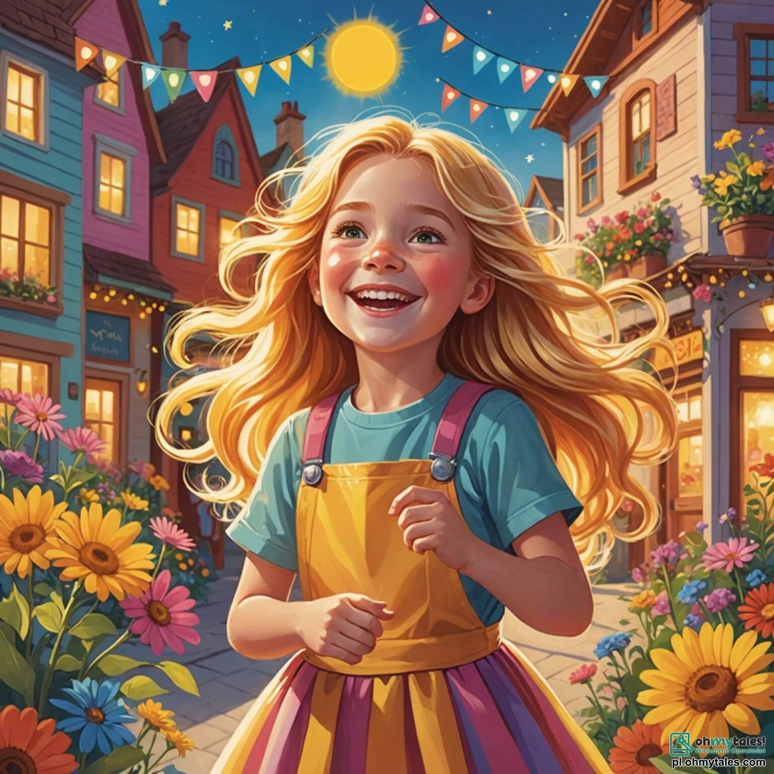 Une illustration destinée aux enfants représentant une femme au sourire éclatant, aux cheveux dorés flottant comme des rayons de soleil, se tenant sur une scène colorée entourée de fleurs éclatantes et de lumières scintillantes, tandis qu'elle chante avec passion pour deux enfants, une fille aux yeux pétillants de curiosité et un garçon au visage rayonnant d'excitation, tous trois se trouvant dans un petit miasteczko où les maisons aux façades pastel se mêlent à des arbres verdoyants, créant une atmosphère joyeuse et festive, alors qu'ils célèbrent ensemble la magie de la musique et l'amitié.
