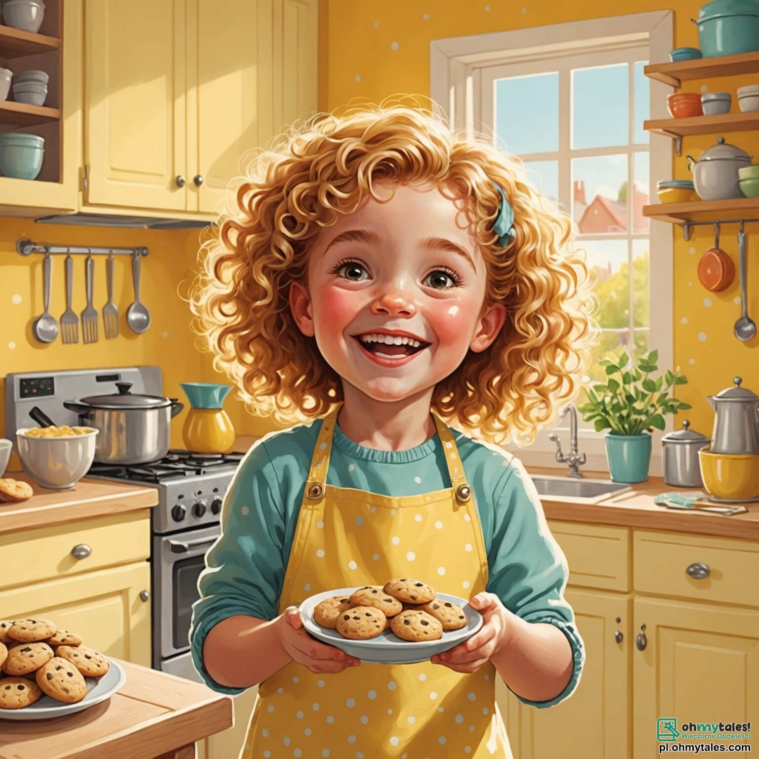 Une illustration destinée aux enfants représentant une petite fille aux cheveux bouclés et dorés, pétillante de joie et d'enthousiasme, se tenant dans une cuisine chaleureuse aux murs peints en jaune pastel, où le doux parfum de biscuits fraîchement cuits embaume l'air, tandis qu'elle s'affaire à préparer une surprise pour sa maman, une femme au sourire éclatant et aux bras réconfortants, qui se trouve à ses côtés, les deux partageant des rires et des éclats de voix, le tout dans une ambiance familiale empreinte d'amour et de tendresse, où chaque coin de la pièce est décoré de dessins colorés et de fleurs en papier, créant ainsi un tableau vivant de bonheur et de complicité.