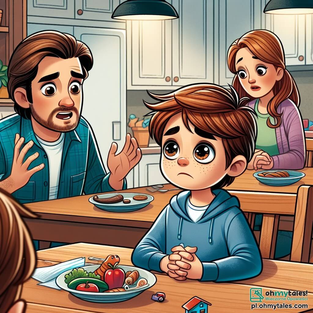 Une illustration sous forme de dessin destinée aux enfants représentant un petit garçon de 7 ans aux cheveux châtains et aux yeux pétillants, assis à une table de cuisine en bois, l'air inquiet, tandis que ses parents, une femme aux cheveux longs et bruns et un homme avec une barbe courte, discutent sérieusement en arrière-plan, illustrant un moment de tension familiale, avec des assiettes de nourriture et des jouets éparpillés autour, symbolisant la chaleur d'un foyer malgré les difficultés.