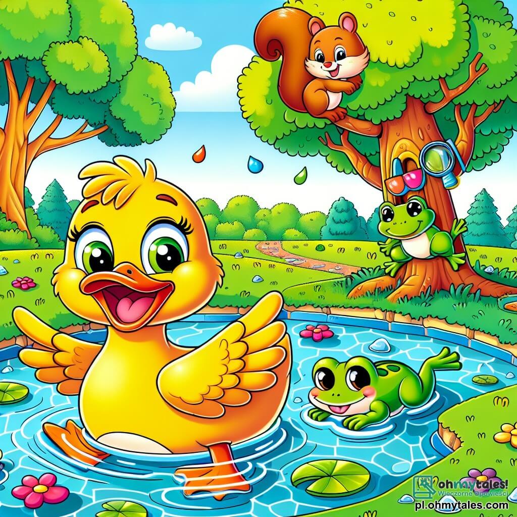 Une illustration sous forme de dessin destinée aux enfants représentant un charmant parc verdoyant avec un stang scintillant au centre, où un canard jaune aux plumes brillantes et au sourire espiègle nage joyeusement, entouré d'une petite grenouille verte sautillante et d'une adorable écureuil au pelage roux qui s'amusent à construire un arbre coloré avec des branches et des fleurs, capturant l'esprit ludique de leur journée pleine de rires et d'aventures.