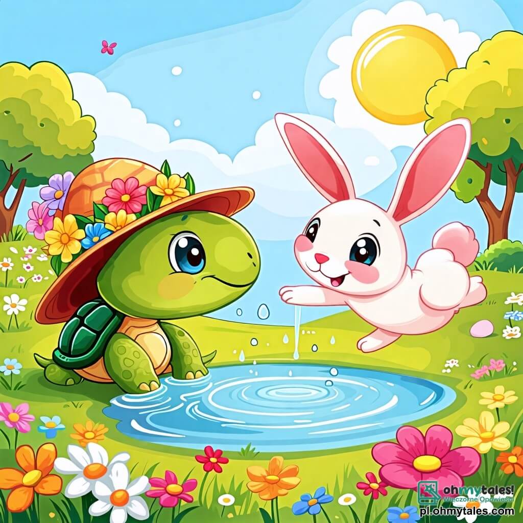 Une illustration sous forme de dessin destinée aux enfants représentant un charmant parc ensoleillé avec des fleurs colorées et un petit étang, où une tortue au grand chapeau fleuri, avec une carapace verte et des yeux pétillants, regarde avec inquiétude son chapeau qui flotte dans une flaque d'eau, tandis qu'un joyeux lapin aux grandes oreilles et au pelage blanc s'élance en riant pour attraper le chapeau, créant une scène amusante et pleine de vie.
