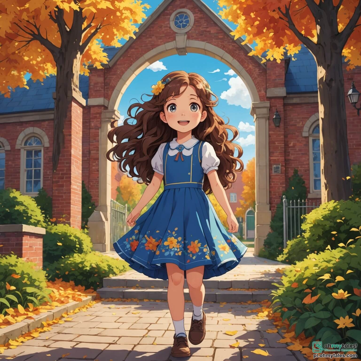 Une illustration destinée aux enfants représentant une petite fille aux longs cheveux bouclés et aux yeux pétillants, portant une jolie robe colorée ornée de fleurs, se tenant avec un mélange d'excitation et d'appréhension devant l'entrée d'une école en brique rouge, entourée de grands arbres aux feuilles dorées et d'un ciel bleu clair, tandis qu'à ses côtés, sa meilleure amie aux cheveux lisses et bruns, souriante et pleine d'énergie, l'encourage à franchir le seuil de cette nouvelle année scolaire, où des rires d'enfants et des cris de joie résonnent dans la cour de récréation, remplie de jeux colorés et de bancs en bois, tandis qu'un nouveau garçon aux lunettes rondes, un peu timide, observe la scène avec curiosité, espérant se faire des amis dans ce lieu vibrant de promesses et d'aventures.