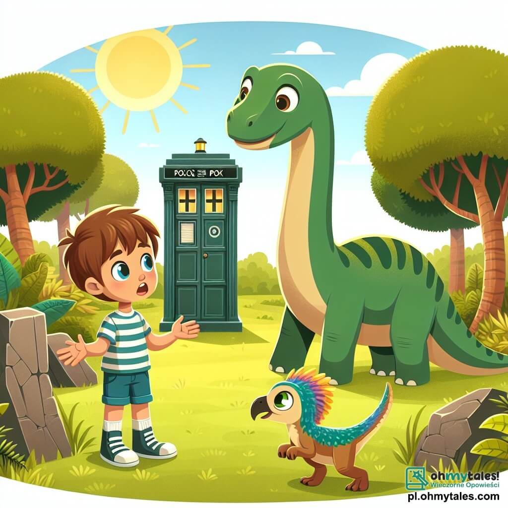 Une illustration sous forme de dessin destinée aux enfants représentant un jardin ensoleillé avec une grande machine à voyager dans le temps, où un garçon de 9 ans aux cheveux châtains et aux yeux pétillants, vêtu d'un t-shirt rayé et de shorts, se tient avec un air émerveillé, tandis qu'un grand brontozaure vert, au cou long et gracieux, s'approche de lui avec curiosité, et un petit velociraptor aux plumes colorées court autour d'eux, alors qu'ils viennent de libérer les dinozaures d'une grosse pierre qui bloquait leur chemin vers l'eau, créant une scène pleine d'aventure et de magie.