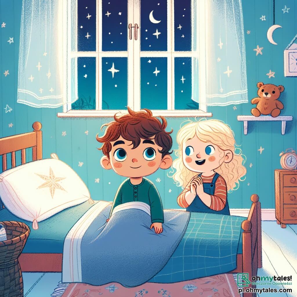 Une illustration sous forme de dessin destinée aux enfants représentant une chambre d'enfant chaleureusement décorée, avec des murs peints en bleu pastel et des étoiles scintillantes au plafond, où un petit garçon d'environ un an, aux cheveux châtains et aux yeux brillants, est assis sur son lit, regardant avec curiosité et un léger sourire la pénombre qui entre par la porte, tandis que sa petite amie, une fille aux cheveux blonds et bouclés, se tient à ses côtés, l'encourageant avec un regard amical, alors qu'ils découvrent ensemble que la nuit peut être une aventure magique plutôt qu'une source de peur.
