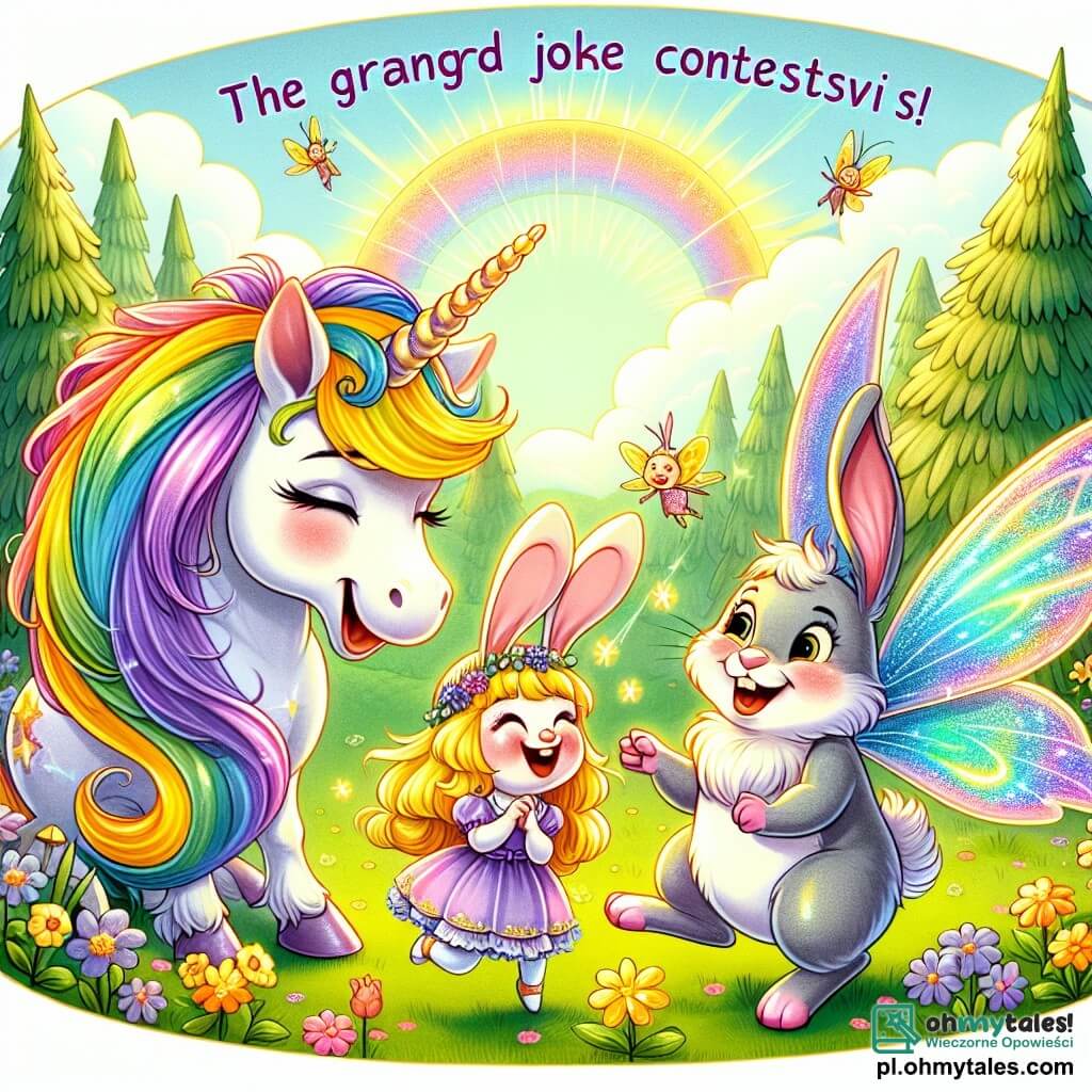 Une illustration sous forme de dessin destinée aux enfants représentant une scène joyeuse dans une clairière ensoleillée du Wesoły Królestwo, où une magnifique licorne aux couleurs chatoyantes de la pluie, avec une crinière scintillante, se tient au centre, riant et partageant des blagues avec un petit lapin aux grandes oreilles et un sourire malicieux, tandis qu'une fée aux ailes irisées danse autour d'eux, tous trois entourés de fleurs colorées et d'arbres dansants, capturant l'esprit de l'amitié et de la joie lors du grand concours de blagues.
