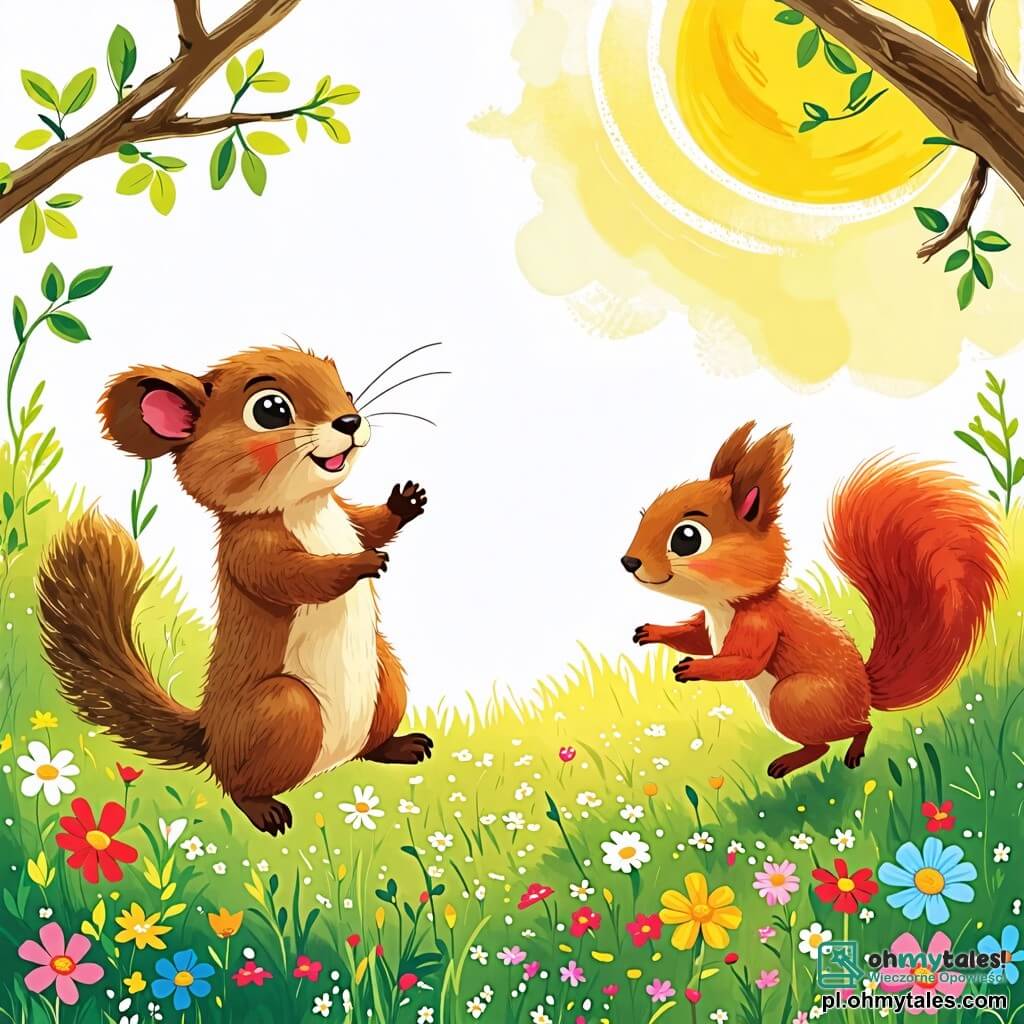 Une illustration sous forme de dessin destinée aux enfants représentant une belle clairière ensoleillée, remplie de fleurs colorées et d'herbe verte, où une petite marmotte aux poils bruns et aux yeux pétillants danse joyeusement au milieu des fleurs, tandis qu'une vives wiewiórka au pelage roux et à la queue touffue saute de branche en branche, le tout illustrant l'amitié et la joie d'une journée de jeu dans la nature.