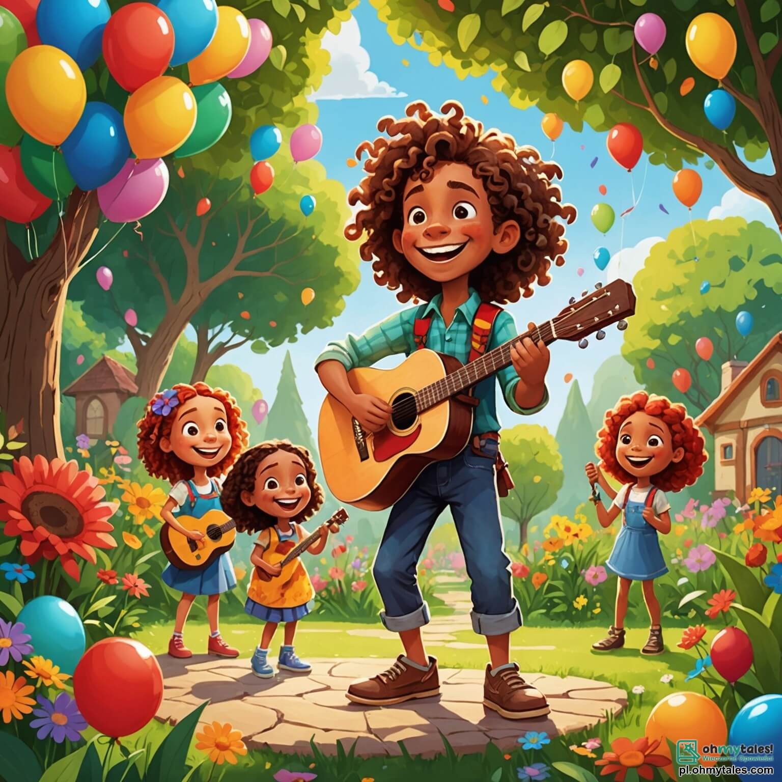 Une illustration destinée aux enfants représentant un homme au sourire éclatant, avec des cheveux bouclés et une guitare en bois, se tenant sur une scène colorée entourée de ballons multicolores et de fleurs éclatantes, tandis qu'une petite fille aux warkocze rouges, pleine d'enthousiasme, l'encourage à chanter dans un jardin ensoleillé, où les rires des enfants résonnent et les oiseaux chantent dans les arbres verdoyants.