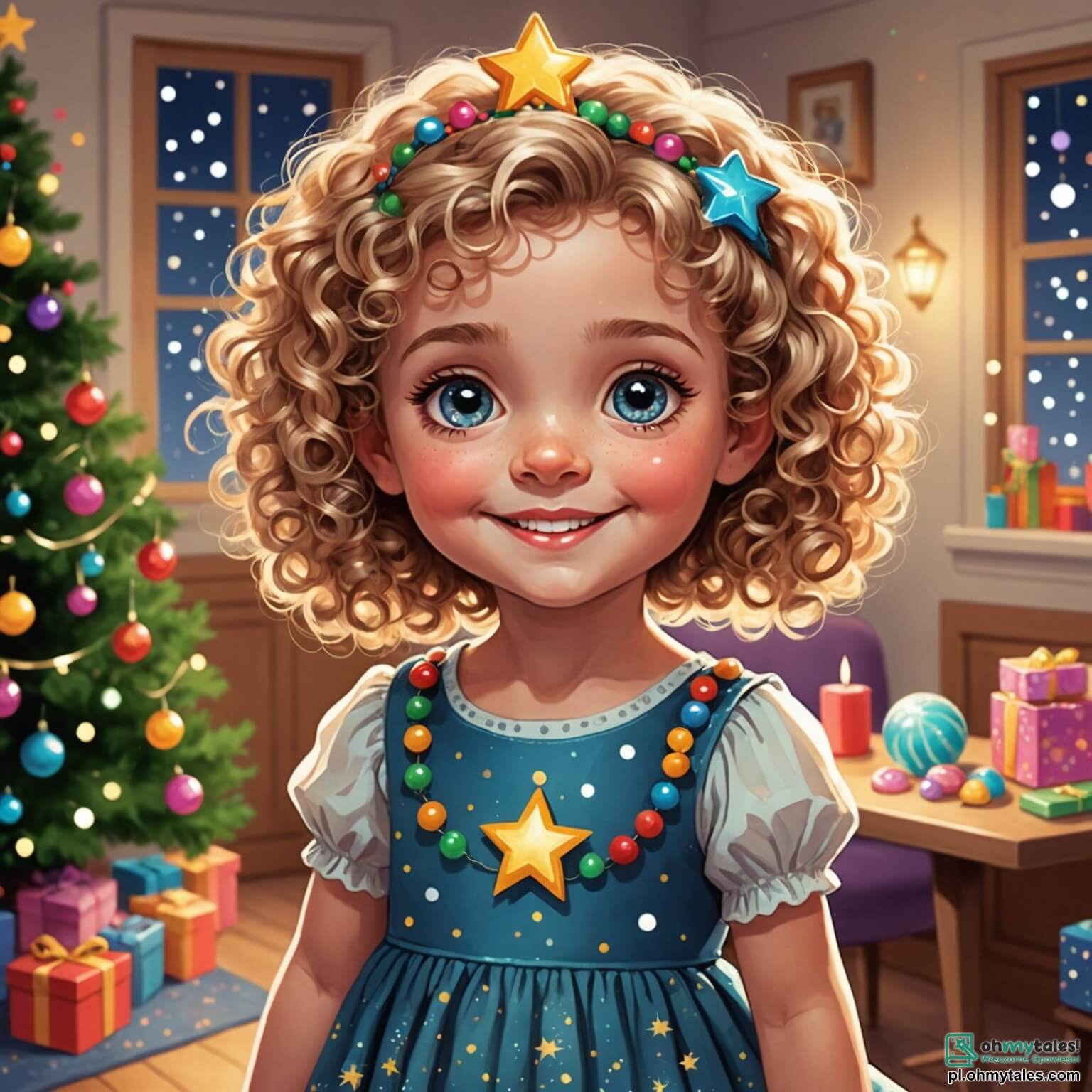 Une illustration destinée aux enfants représentant une petite fille pétillante aux cheveux bouclés et aux yeux brillants comme des étoiles, vêtue d'une robe scintillante, dans une chaleureuse maison décorée de guirlandes colorées et de lumières scintillantes, où elle attend avec impatience la fête du Nouvel An entourée de sa joyeuse grand-mère au sourire doux comme un bonbon et de son ami espiègle aux cheveux blonds, tous deux partageant des rires et des douceurs, tandis que la neige tombe doucement à l'extérieur, recouvrant le monde d'un manteau blanc et féérique.