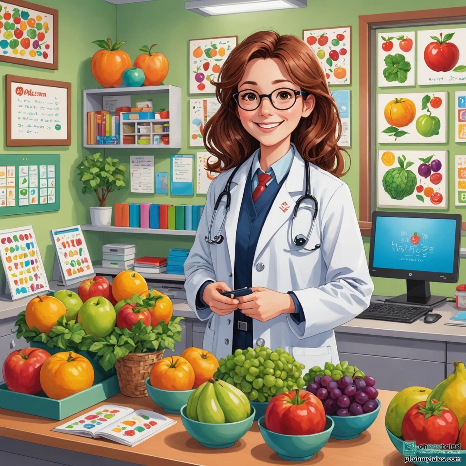 Une illustration destinée aux enfants représentant une charmante doctoresse au sourire éclatant, vêtue d'un élégant manteau blanc, avec des cheveux châtains ondulés et des lunettes rondes posées sur le nez, se tenant dans son cabinet médical coloré, où les murs sont ornés de dessins d'enfants et de posters de fruits et légumes souriants, tandis qu'elle examine un petit garçon aux joues roses, un peu inquiet, qui se tient à côté de sa meilleure amie, une petite fille aux cheveux blonds et aux yeux pétillants, tous deux assis sur une chaise confortable en forme de nuage, entourés de jouets en peluche et d'une étagère remplie de livres d'histoires, le tout baigné par la lumière douce d'une fenêtre donnant sur un jardin fleuri, où les oiseaux chantent et les fleurs dansent au gré du vent.