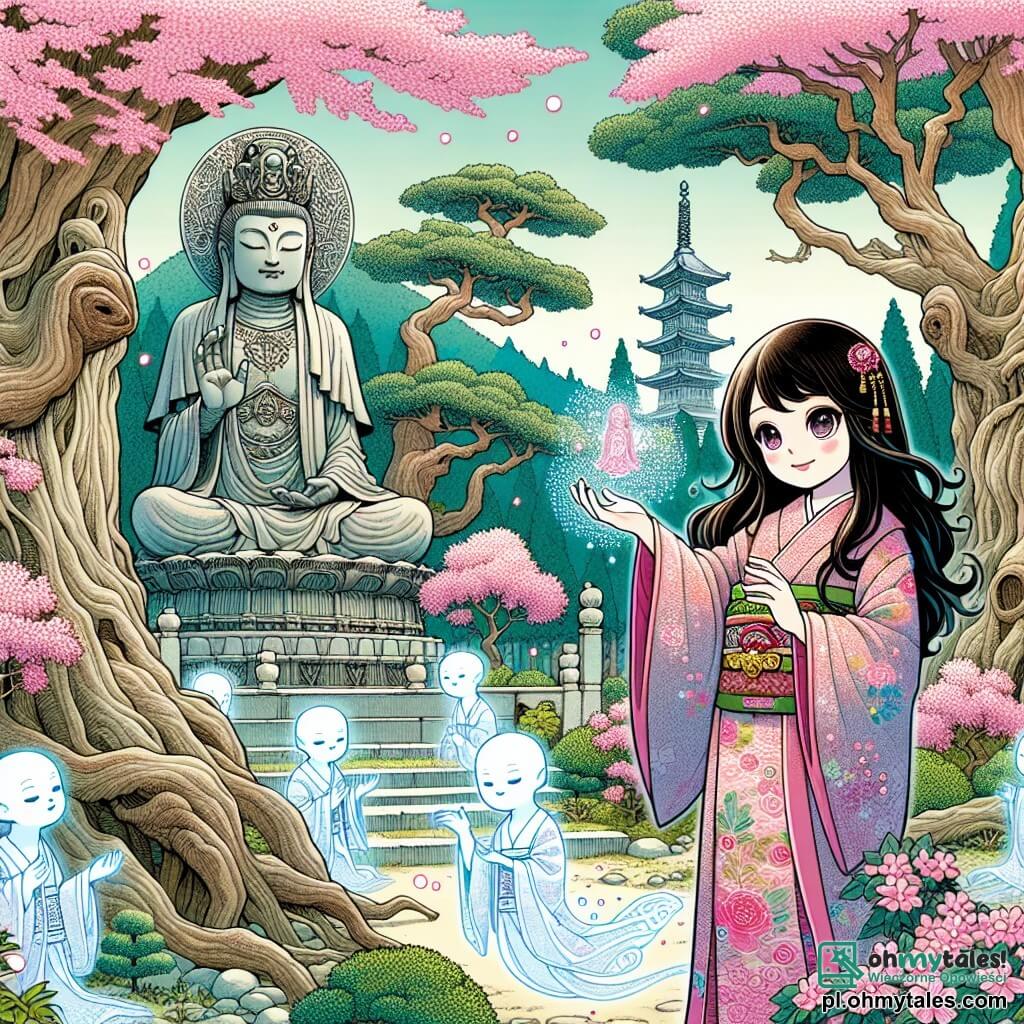 Une illustration sous forme de dessin destinée aux enfants représentant une ancienne et mystérieuse forêt japonaise, avec des arbres majestueux aux troncs noueux et des fleurs de cerisier en pleine floraison, où une jeune fille aux longs cheveux noirs et aux yeux pétillants, vêtue d'un kimono coloré, se tient devant une vieille et majestueuse statue de la déesse Kwan-yin, entourée de doux esprits de la nature, des silhouettes éthérées aux traits délicats, qui l'observent avec bienveillance alors qu'elle découvre un artefact magique scintillant dans la main, symbolisant l'harmonie entre les mondes humains et spirituels.