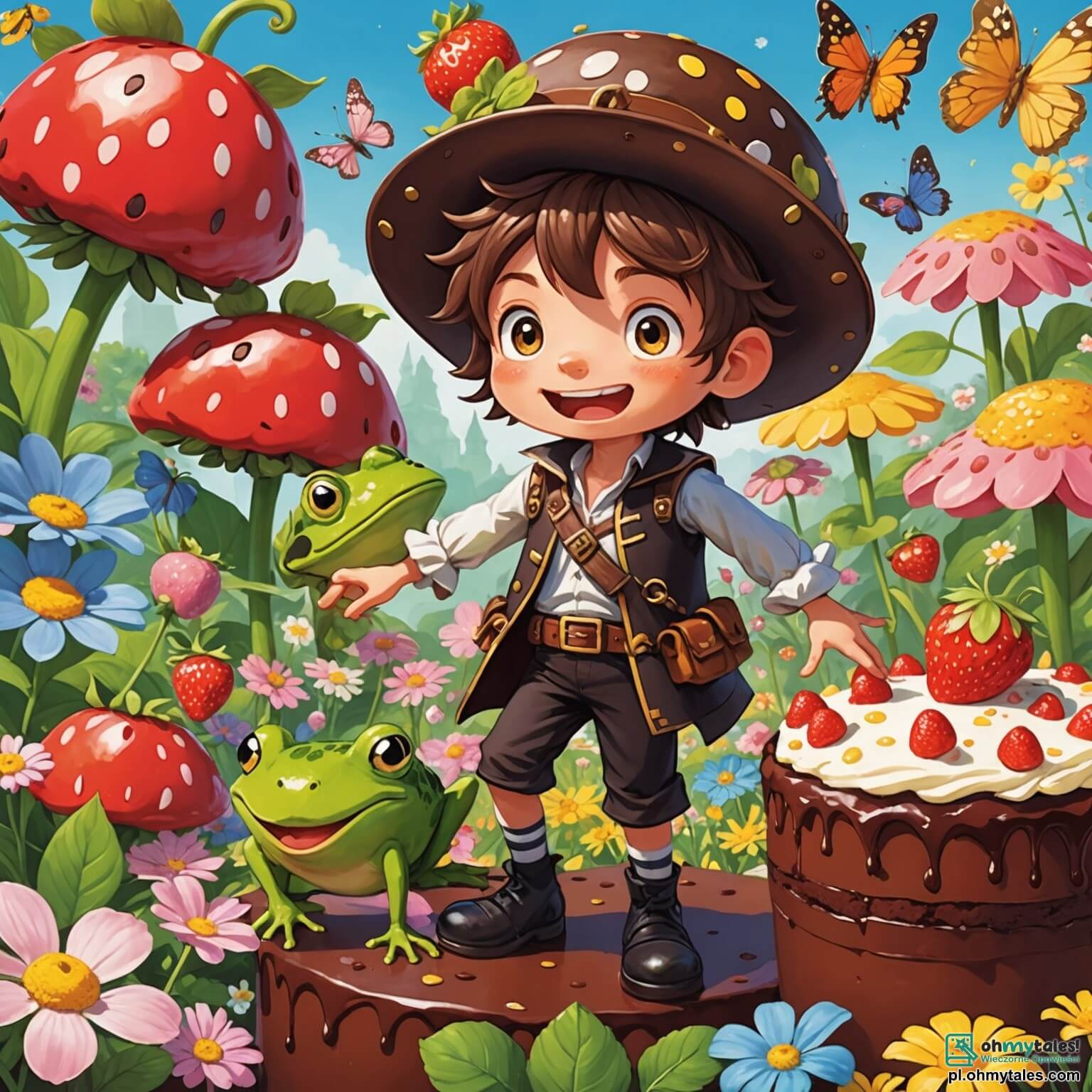 Une illustration destinée aux enfants représentant un garçon aux cheveux en bataille, portant un chapeau en forme de fraise, qui se retrouve coincé dans un gigantesque gâteau à la crème au chocolat, tandis qu'une grenouille en costume de pirate, son fidèle compagnon, tente de le secourir dans un jardin coloré rempli de fleurs géantes aux pétales scintillants et de papillons aux ailes multicolores virevoltant autour d'eux.