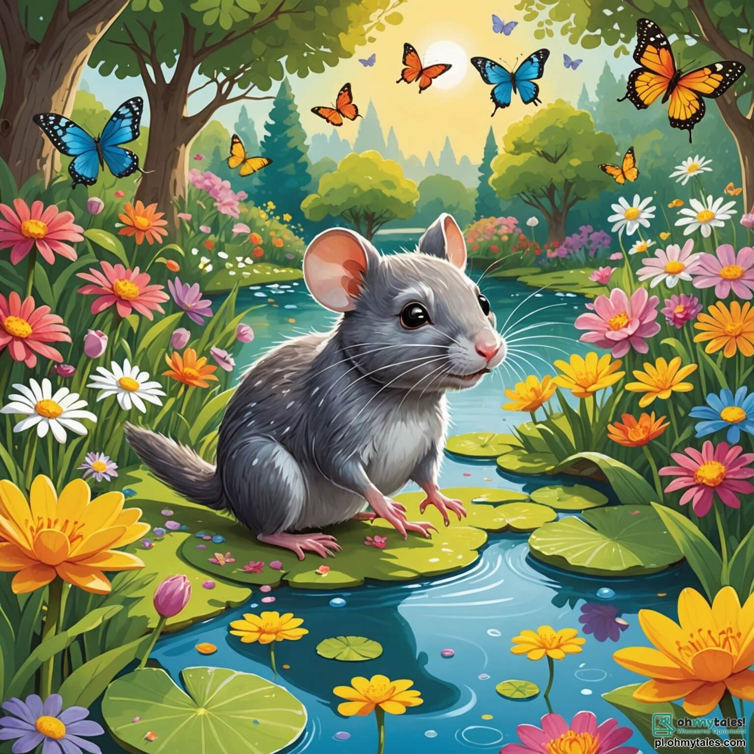 Une illustration destinée aux enfants représentant un rat espiègle, avec un pelage gris et des yeux pétillants de malice, se faufilant à travers un jardin coloré rempli de fleurs éclatantes, de papillons virevoltants et d'arbres fruitiers, tandis qu'une canne enjouée, aux plumes brillantes, l'observe curieusement depuis une petite mare scintillante, où les nénuphars dansent doucement sous le doux soleil du matin.