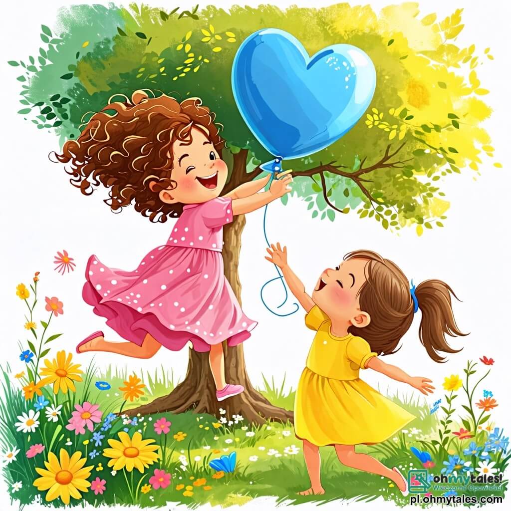 Une illustration sous forme de dessin destinée aux enfants représentant un jardin ensoleillé avec des fleurs colorées et un grand arbre, où une petite fille de 2 ans aux cheveux bouclés et à la robe rose éclatante saute de joie en tenant un balon bleu en forme de cœur, tandis qu'une autre petite fille de 2 ans aux cheveux lisses et à la robe jaune l'encourage en riant, alors qu'elles essaient de récupérer le balon coincé dans les branches de l'arbre, symbolisant leur amitié et leur esprit de jeu.