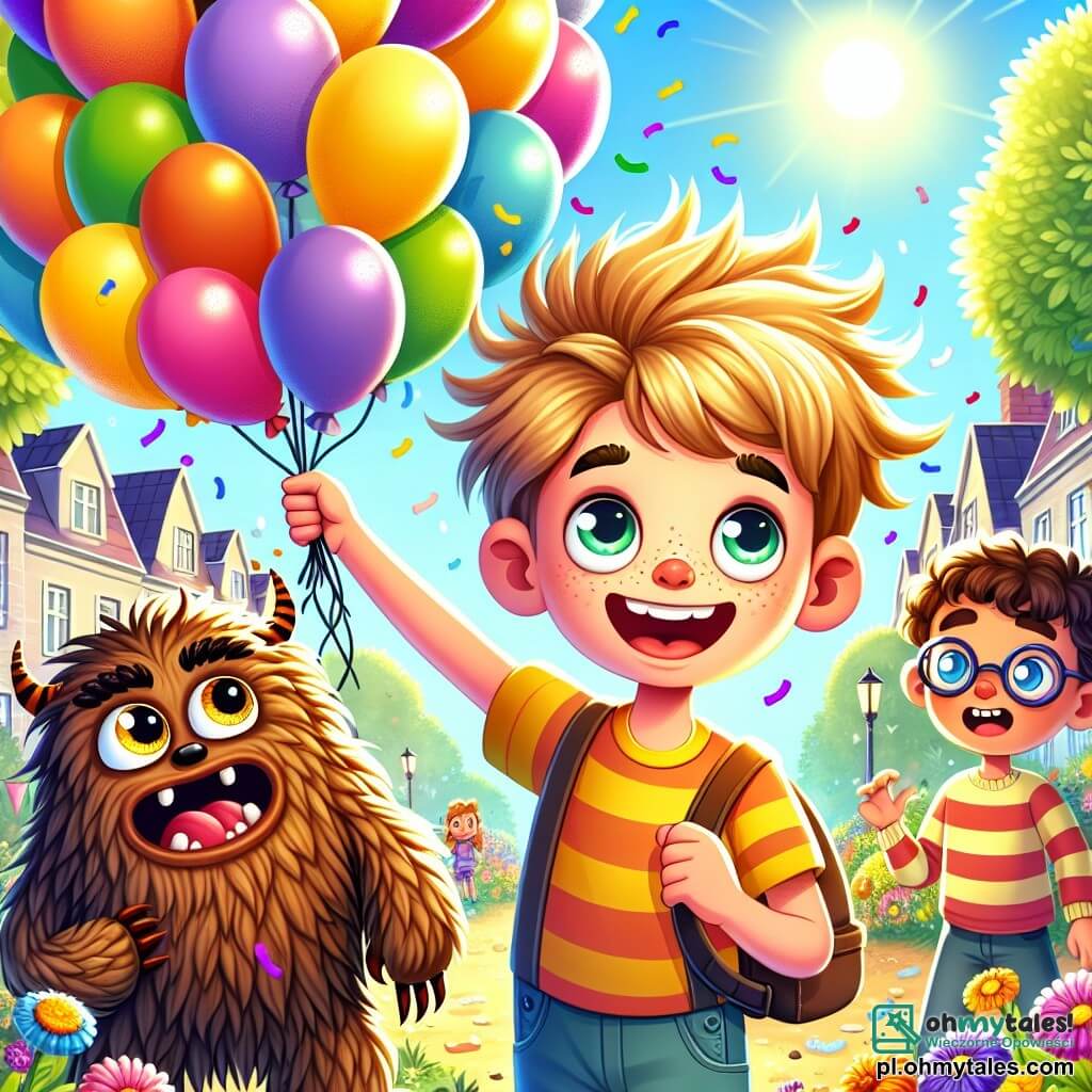 Une illustration sous forme de dessin destinée aux enfants représentant une scène colorée dans une petite ville ensoleillée, où un garçon de 9 ans aux cheveux dorés en bataille et aux yeux pétillants, debout avec un grand sourire, tient une grande bulle de balon multicolore, tandis qu'à ses côtés, son ami aux cheveux bruns et aux lunettes, regarde avec curiosité un petit monstre aux yeux brillants et au pelage chocolaté, qui semble affamé de biscuits, le tout se déroulant dans un parc rempli de fleurs éclatantes et de rires d'enfants, illustrant leur aventure pour résoudre le mystère des biscuits disparus.