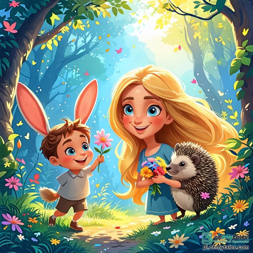 Une illustration sous forme de dessin destinée aux enfants représentant une clairière enchantée au cœur d'une forêt verdoyante, où une belle femme aux longs cheveux dorés et aux yeux bleu ciel sourit joyeusement en tenant des fleurs colorées, tandis qu'un petit garçon en forme de lapin aux grandes oreilles et un jeune hérisson aux piquants doux dansent autour d'elle, célébrant leur nouvelle amitié lors d'une fête magique pleine de rires et de délices.