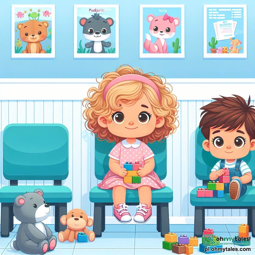 Une illustration sous forme de dessin destinée aux enfants représentant une salle d'attente colorée d'une clinique pédiatrique, avec des murs peints en bleu clair et des affiches de dessins animés, où une petite fille de 3 ans aux cheveux bouclés et blonds, portant une robe rose à pois, est assise sur une chaise, un léger sourire sur son visage, tandis qu'un garçon de son âge, aux cheveux bruns et courts, joue avec des blocs de construction à côté d'elle, tous deux attendant avec curiosité et un peu d'appréhension la visite chez le médecin pour un examen de santé, entourés de jouets en peluche et de livres d'images.