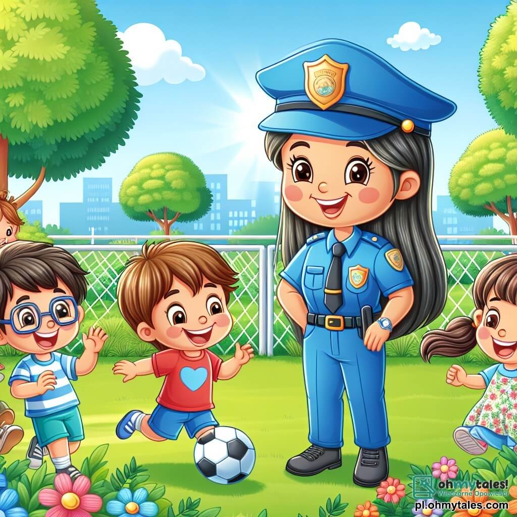 Une illustration sous forme de dessin destinée aux enfants représentant un parc ensoleillé avec des arbres verdoyants et des fleurs colorées, où une femme policier au sourire chaleureux, portant un uniforme bleu et une casquette, joue au football avec un groupe d'enfants : un garçon aux cheveux bruns et aux lunettes, un garçon blond en t-shirt rouge, une fille aux cheveux longs et bruns en robe à fleurs, et une petite fille aux couettes portant un t-shirt rose, tous riant et s'amusant ensemble, tandis qu'un petit lapin curieux les observe depuis les buissons.