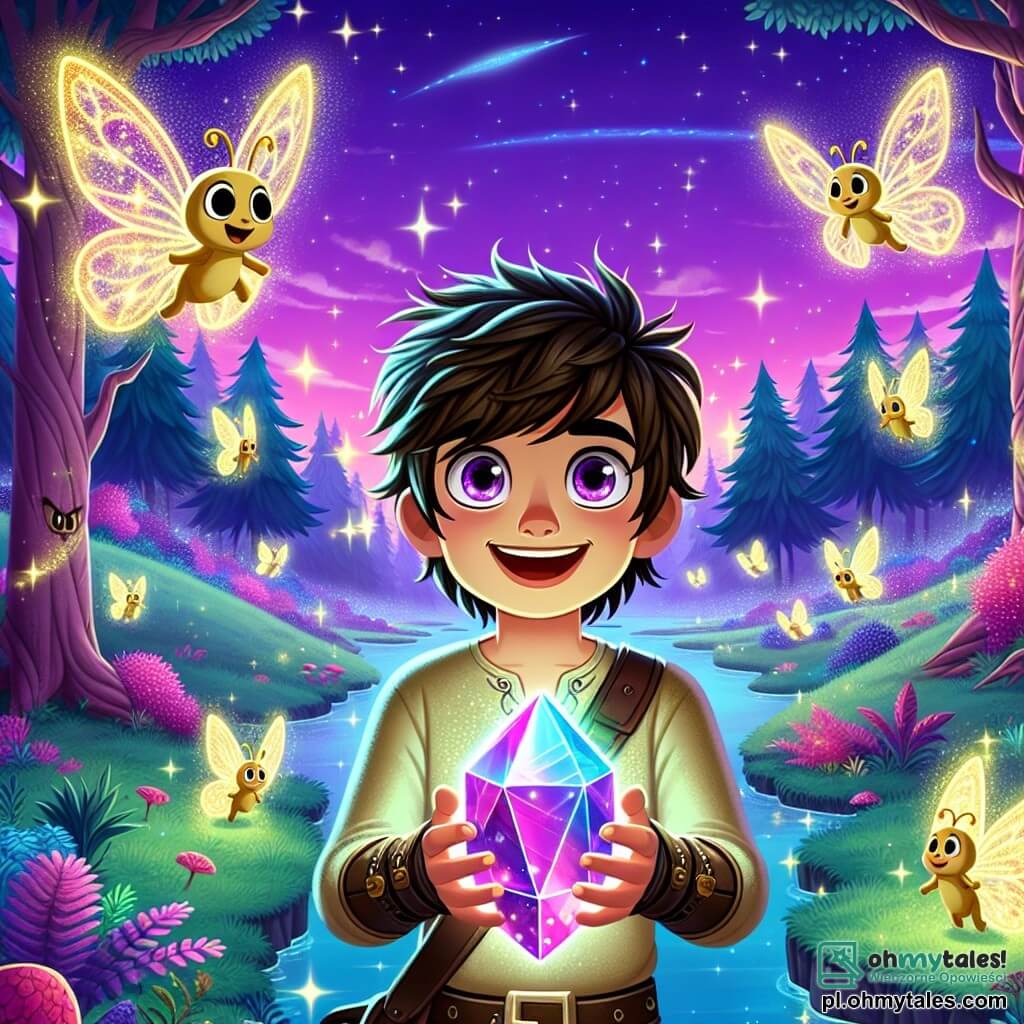 Une illustration sous forme de dessin destinée aux enfants représentant une forêt magique sur la planète Gloomoria, où le ciel est d'un violet éclatant et les arbres scintillent de mille feux ; au premier plan, un jeune homme aux cheveux ébouriffés et aux yeux pétillants d'excitation, vêtu d'une tunique brillante, tient un grand cristal coloré dans ses mains, tandis qu'autour de lui, des créatures lumineuses aux ailes de papillon dansent joyeusement, créant une atmosphère de mystère et d'aventure, alors qu'il se prépare à affronter un défi magique dans cette terre enchantée.