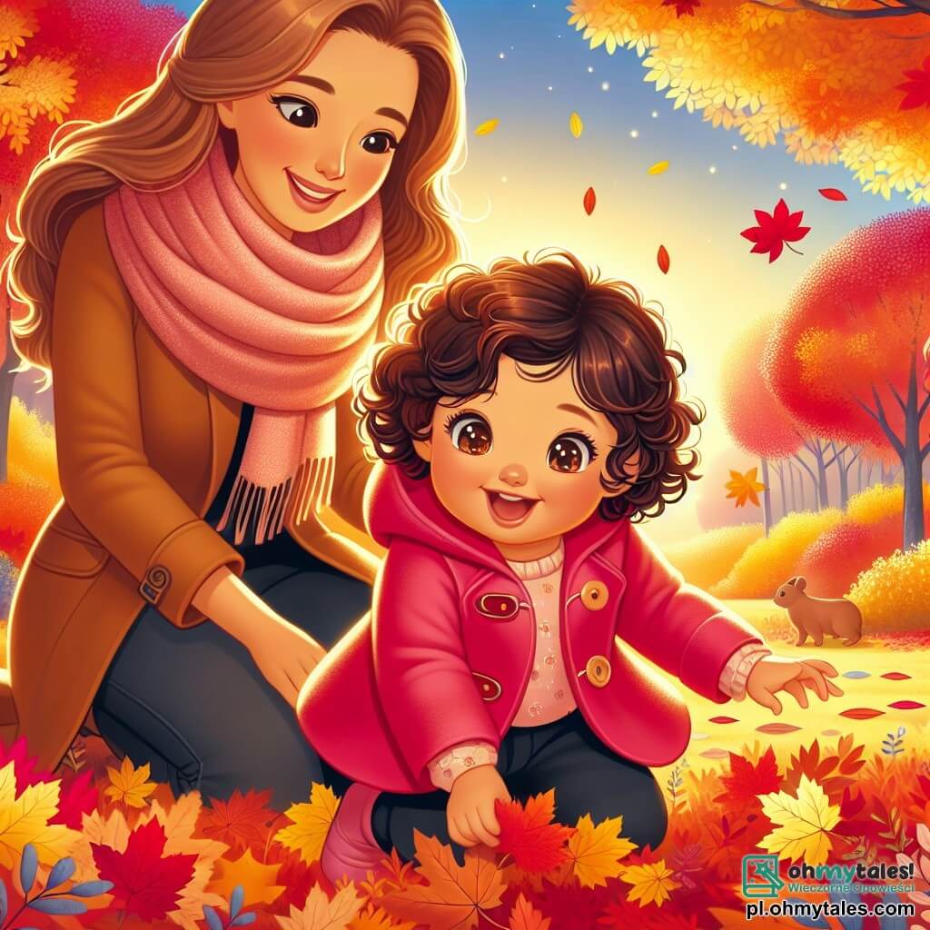 Une illustration sous forme de dessin destinée aux enfants représentant un parc d'automne aux couleurs vives, avec des arbres aux feuilles rouges, jaunes et orange, où une petite fille de 1 an aux cheveux bouclés et aux yeux pétillants, vêtue d'un manteau rose, s'agenouille joyeusement pour ramasser des feuilles tombées, tandis qu'une maman souriante aux cheveux châtains, portant une écharpe, l'observe tendrement, le tout dans une atmosphère chaleureuse et ensoleillée, évoquant la magie de la saison des récoltes.