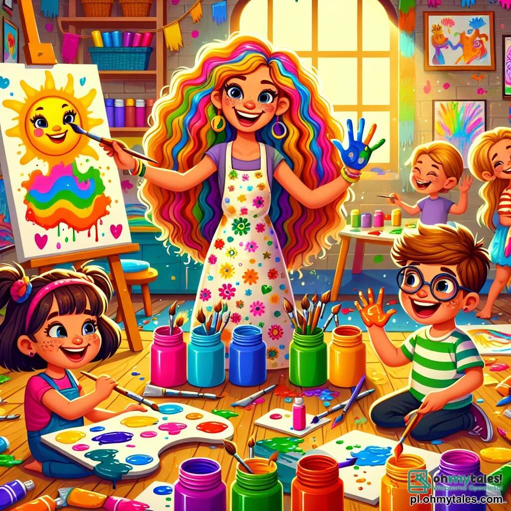 Ilustracja przedstawiająca kolorowe studio artystyczne, wypełnione jasnymi słoikami farb, pędzlami w różnych rozmiarach i białymi płótnami. Ściany pokryte są rysunkami i żywymi obrazami, tworząc radosną i inspirującą atmosferę. W centrum znajduje się kobieta z długimi kręconymi włosami w kolorze tęczy, która z uśmiechem pokazuje dzieciom, jak mieszać kolory. Ma na sobie fartuch pobrudzony farbą, co ilustruje jej pasję do sztuki. Wokół niej są trzy dzieci: dziewczynka w wieku 7 lat z warkoczami i sukienką w kwiaty, która maluje duże żółte słońce; chłopiec w wieku 8 lat w okularach i w paskowanym t-shircie, który używa palców do stworzenia zielonego smoka; oraz dziewczynka w wieku 6 lat z brązowymi włosami i promiennym uśmiechem, która bawi się, robiąc kolorowe odciski rąk na płótnie. Scena pokazuje atmosferę kreatywności i radości, gdzie dzieci odkrywają magię sztuki. W powietrzu unoszą się plamy farby, a śmiech rozbrzmiewa, ilustrując ducha przygody i wspólnego uczenia się w tym magicznym momencie.