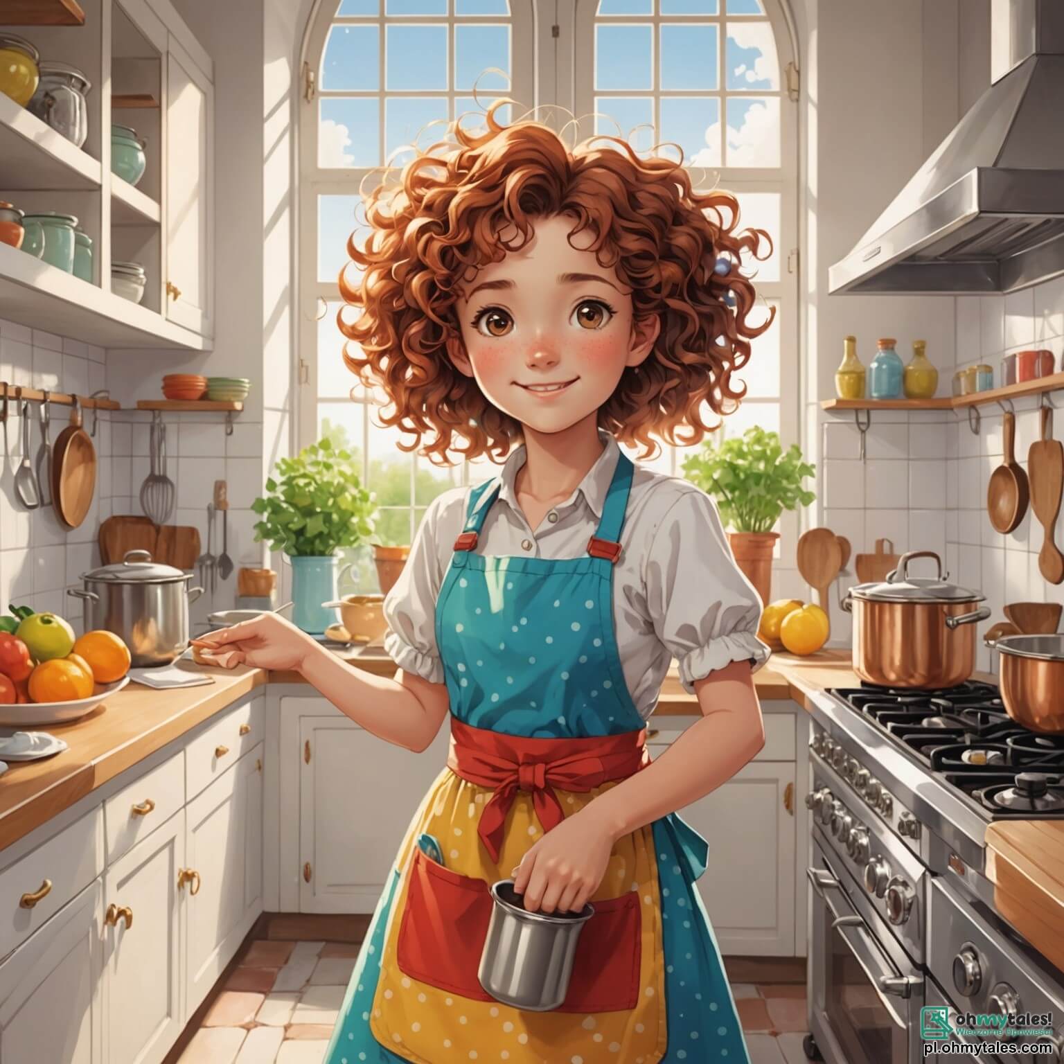 Une illustration destinée aux enfants représentant une femme pétillante et pleine de vie, avec des cheveux bouclés en désordre, vêtue d'un élégant tablier coloré, se tenant au milieu d'une cuisine lumineuse aux murs carrelés de faïence blanche, où des pots en cuivre brillent sous la lumière du soleil filtrant à travers une grande fenêtre, tandis qu'elle s'apprête à enseigner à un groupe de cinq enfants, deux filles aux yeux pétillants et trois garçons curieux, comment concocter des plats savoureux et sains, entourée de légumes frais, d'herbes aromatiques et de bols débordants de fruits colorés, créant ainsi une atmosphère joyeuse et chaleureuse, pleine de rires et de découvertes culinaires.