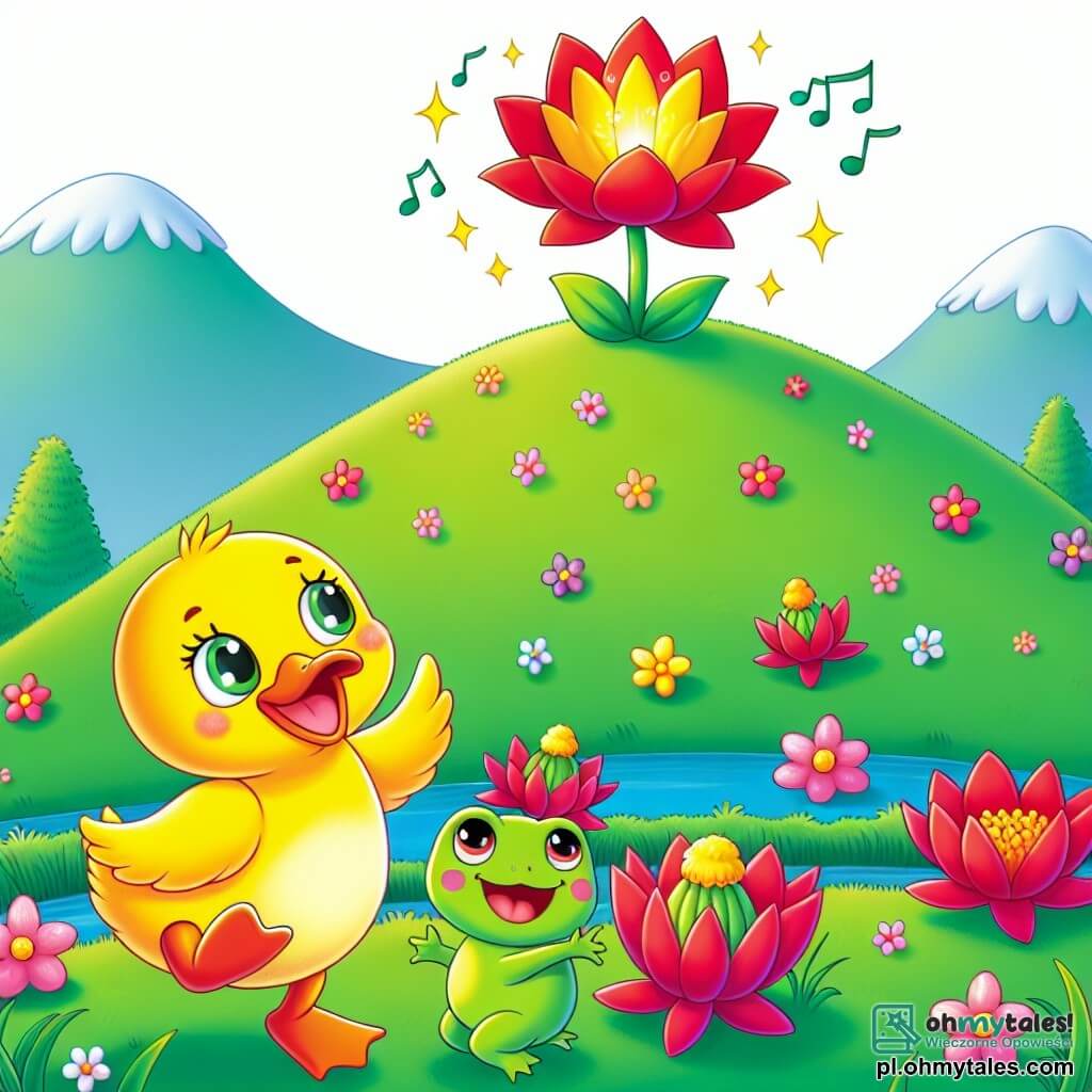 Une illustration sous forme de dessin destinée aux enfants représentant une magnifique vallée verdoyante parsemée de fleurs colorées, où un petit canard aux plumes jaunes brillantes, joyeusement en train de sauter, est accompagné d'une petite grenouille verte aux yeux pétillants, tous deux émerveillés devant un éclatant et majestueux fleur rouge au sommet d'une colline, symbolisant leur quête d'aventure et d'amitié dans un monde rempli de merveilles.