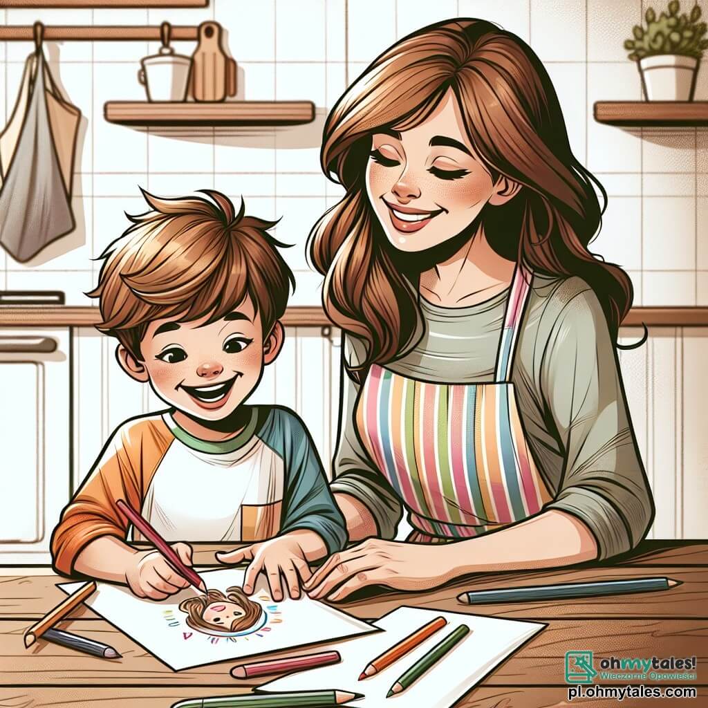 Une illustration sous forme de dessin destinée aux enfants représentant une cuisine ensoleillée, avec un garçon de 3 ans aux cheveux bruns en désordre, portant un t-shirt coloré et un grand sourire, assis à une table en bois, en train de dessiner une carte pour sa maman avec des crayons multicolores, tandis qu'une femme aux longs cheveux châtains, souriante et vêtue d'un tablier, se tient à proximité, observant son fils avec tendresse, créant une atmosphère joyeuse et chaleureuse, symbolisant l'amour et la créativité pour la fête des mères.