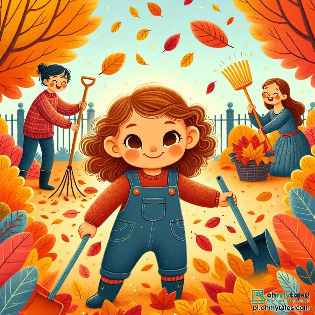 Une illustration sous forme de dessin destinée aux enfants représentant un jardin d'automne aux couleurs vives, avec des feuilles orange, jaunes et rouges tombant des arbres, où une petite fille de 1 an aux cheveux bouclés et aux yeux pétillants, vêtue d'une salopette en denim, s'amuse à ramasser des feuilles avec une petite pelle, tandis que sa maman, une femme souriante aux cheveux longs et bruns, balaie les feuilles avec une grande balayette, et son papa, un homme jovial avec une barbe rousse, ratisse les feuilles en riant, créant une atmosphère chaleureuse et joyeuse de préparation pour l'hiver.