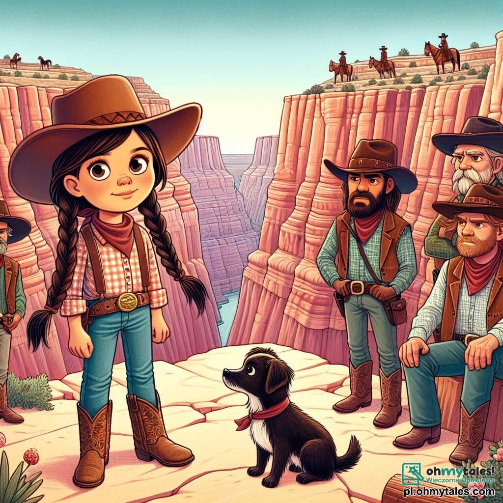 Une illustration sous forme de dessin destinée aux enfants représentant un vaste canyon aux parois rouges et escarpées, où une jeune fille courageuse aux longs cheveux bruns tressés, vêtue d'un chapeau de cow-boy et d'une chemise à carreaux, se tient fièrement avec son petit chien à ses côtés, tandis qu'un groupe de cow-boys aux visages marqués par l'aventure, portant des chapeaux et des ceintures en cuir, l'écoute attentivement alors qu'elle leur explique comment éviter de chercher un trésor caché, illustrant ainsi le thème de l'amitié et de la loyauté dans le cadre d'une aventure palpitante.