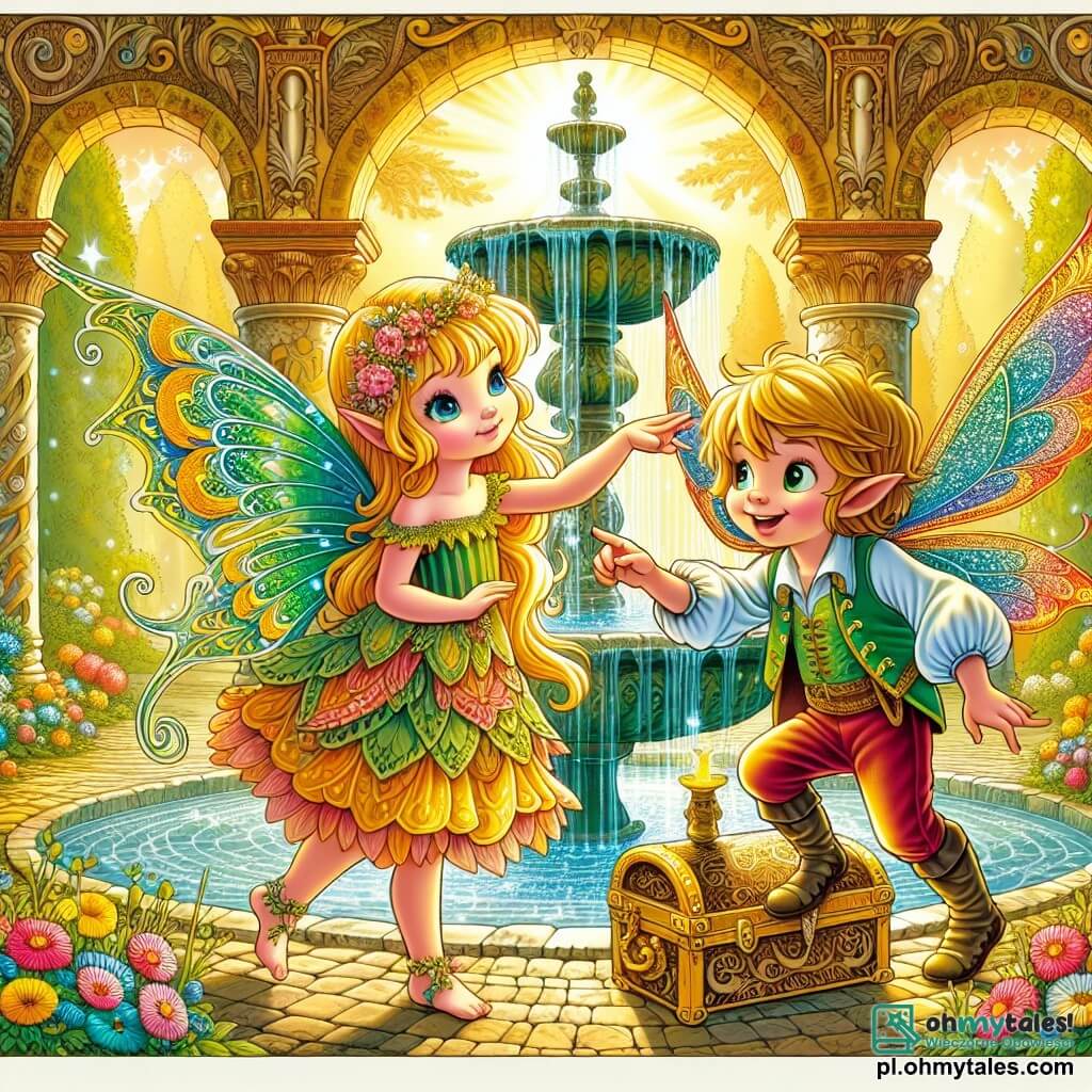 Une illustration sous forme de dessin destinée aux enfants représentant une magnifique Polana Cudów, baignée de lumière dorée, où une petite lutinne aux ailes vertes scintillantes et aux cheveux dorés, pleine de curiosité, se tient près d'une fontaine magique, tandis qu'un lutin garçon aux ailes multicolores, espiègle et joyeux, l'encourage à découvrir un ancien trésor caché dans une vieille malle ornée de motifs mystérieux, entourés de fleurs colorées et d'arbres majestueux, évoquant une ambiance de magie et d'aventure.