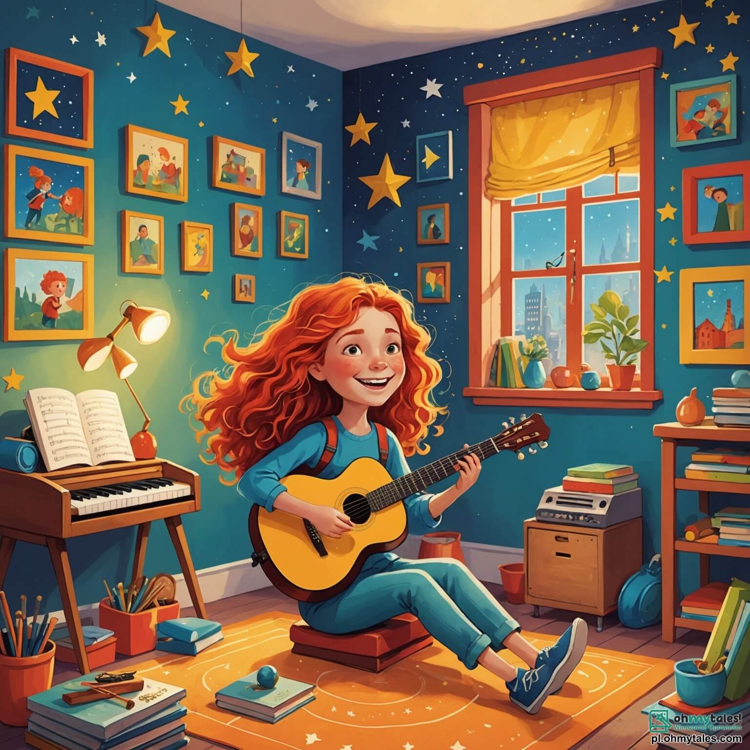 Une illustration destinée aux enfants représentant une femme au sourire éclatant, aux cheveux flamboyants et à la voix envoûtante, qui rêve de partager sa passion pour la musique dans un petit appartement coloré, rempli d'instruments scintillants et de posters de stars, tandis que deux garçons espiègles, l'un aux yeux pétillants et l'autre à la chevelure en bataille, l'encouragent avec enthousiasme à créer une mélodie magique qui résonne dans le parc ensoleillé, où les rires des enfants et les chants des oiseaux se mêlent à l'air frais et parfumé des fleurs éclatantes.