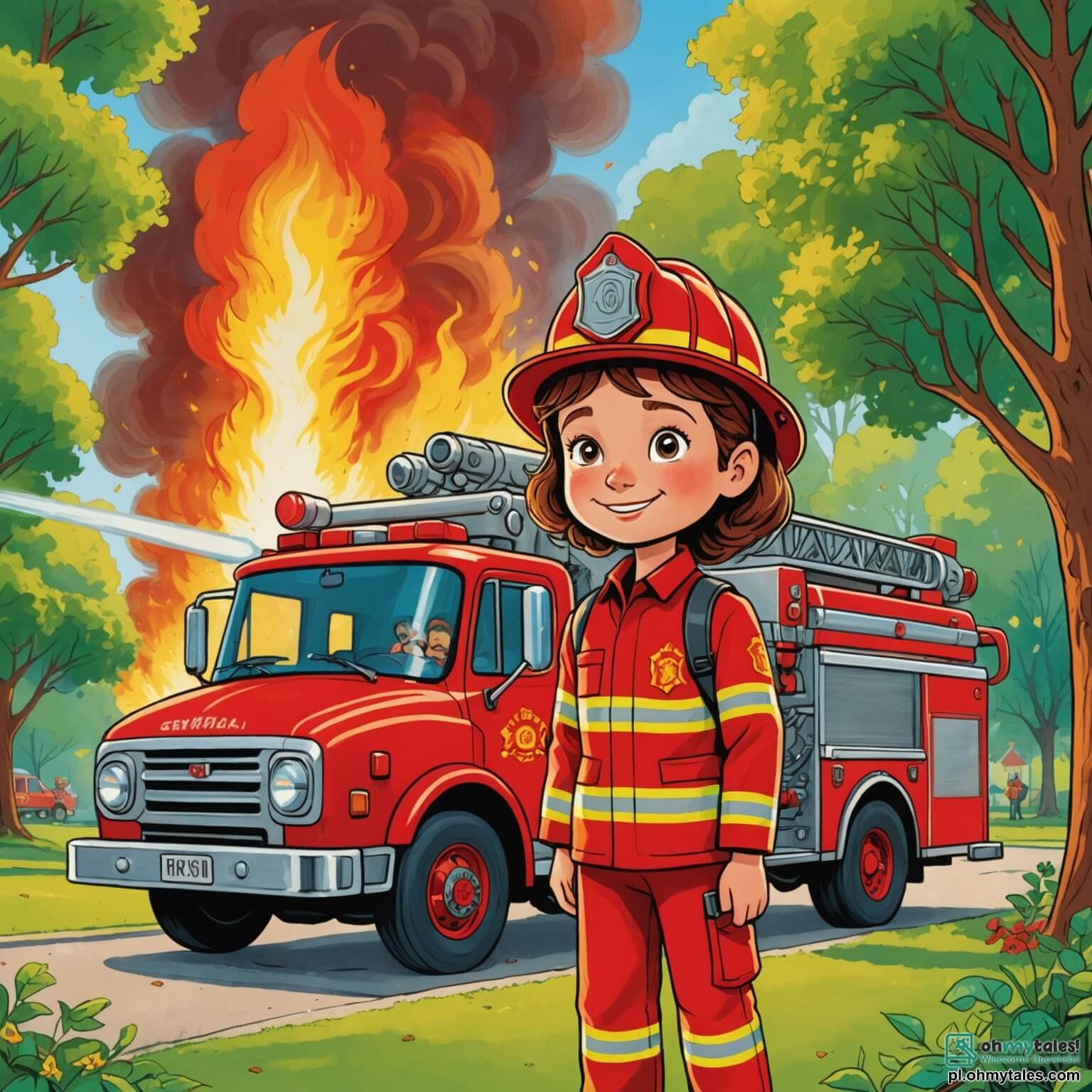 Une illustration destinée aux enfants représentant une courageuse femme en uniforme de pompier, avec un casque brillant et un sourire déterminé, se tenant fièrement devant un grand camion rouge étincelant, alors qu'elle se prépare à éteindre un petit feu dans un parc verdoyant, où des arbres majestueux aux feuilles éclatantes de vert dansent au gré du vent, tandis qu'un garçon curieux aux yeux pétillants observe avec admiration, rêvant de devenir un héros comme elle.