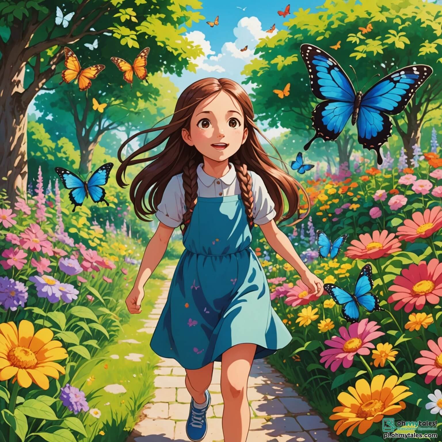 Une illustration destinée aux enfants représentant une petite fille aux longs cheveux bruns tressés, pleine de curiosité et d'énergie, courant joyeusement dans un jardin coloré de fleurs éclatantes, où des papillons virevoltent autour d'elle, tandis qu'elle essaie de comprendre pourquoi sa maman, une femme douce aux yeux pétillants mais parfois assombrie par des soucis invisibles, semble triste, et son papa, un homme au sourire chaleureux, essaie de la réconforter avec des jeux et des rires, le tout se déroulant dans le charmant miasteczko Słonecznym, où les maisons aux façades pastel et les arbres majestueux créent une atmosphère magique et accueillante.