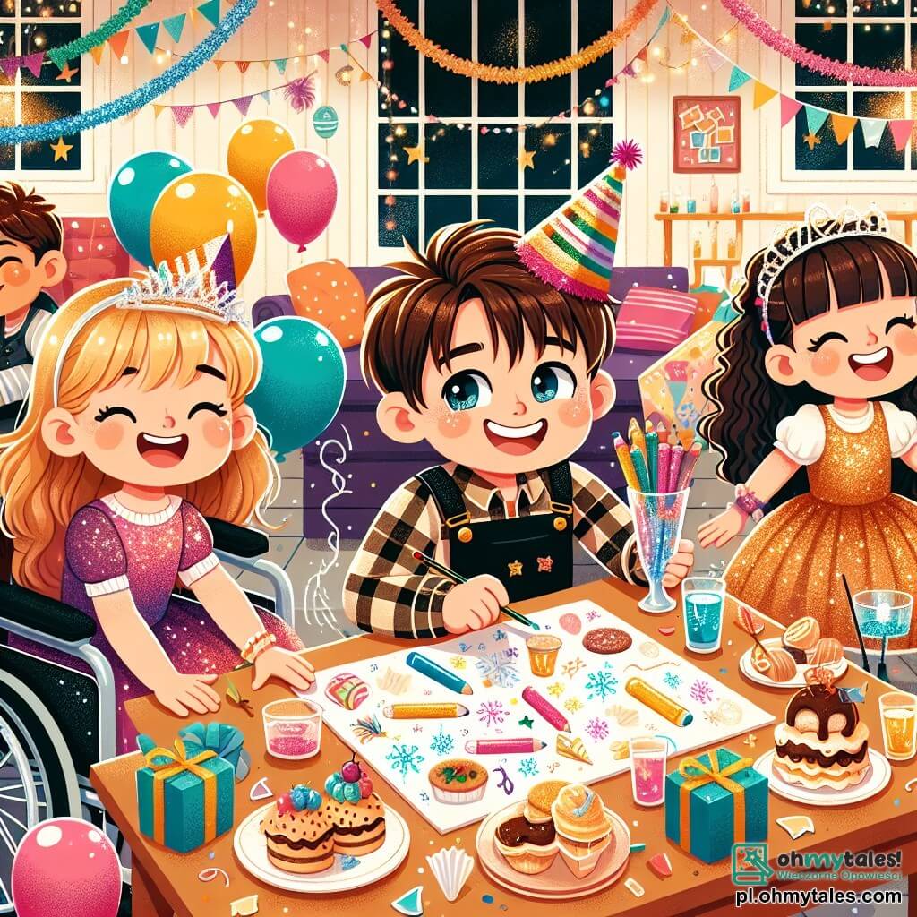 Ilustracja przedstawiająca przytulny pokój dzienny udekorowany na Nowy Rok. Ściany ozdobione są kolorowymi girlandami i błyszczącymi balonami, a duży stół w centrum jest pełen pysznych smakołyków i musujących napojów. Chłopiec dziesięcioletni, z brązowymi włosami i błyszczącymi oczami, ma na sobie koszulę w kratę i kapelusz imprezowy z pomponem. Śmieje się, trzymając kolorowy papier w kształcie fajerwerku. Obok niego dziewczynka dziesięcioletnia, z długimi, kręconymi włosami, ubrana w sukienkę z cekinami, radośnie rysuje na dużym kartonie kolorowymi kredkami. Inny chłopiec, również dziesięcioletni, z krótkimi włosami i figlarnym uśmiechem, przebrany jest za pirata, trzymając szklankę soku owocowego. Na koniec dziewczynka dziesięcioletnia, siedząca na wózku inwalidzkim, entuzjastycznie się uśmiecha, trzymając mały notes, w którym zapisuje pomysły na ich wystawę. Scena uchwyca ekscytację i radość chwili, z wybuchami śmiechu i kolorów, podczas gdy wspólnie przygotowują swoją noworoczną celebrację, otoczeni festywnymi dekoracjami i przytulną atmosferą.