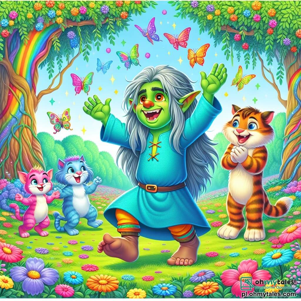 Une illustration sous forme de dessin destinée aux enfants représentant une clairière enchantée avec des fleurs colorées et des arbres aux feuilles arc-en-ciel, où un troll à la peau verte, avec de longs cheveux gris et de grands yeux orange, danse joyeusement au milieu de la scène, entouré de petits animaux rigolos comme un chat aux rayures multicolores et un oiseau aux plumes scintillantes, tandis qu'un garçon souriant, vêtu d'une tunique bleue, applaudit et rit, célébrant l'amitié et la magie de leur aventure ensemble.