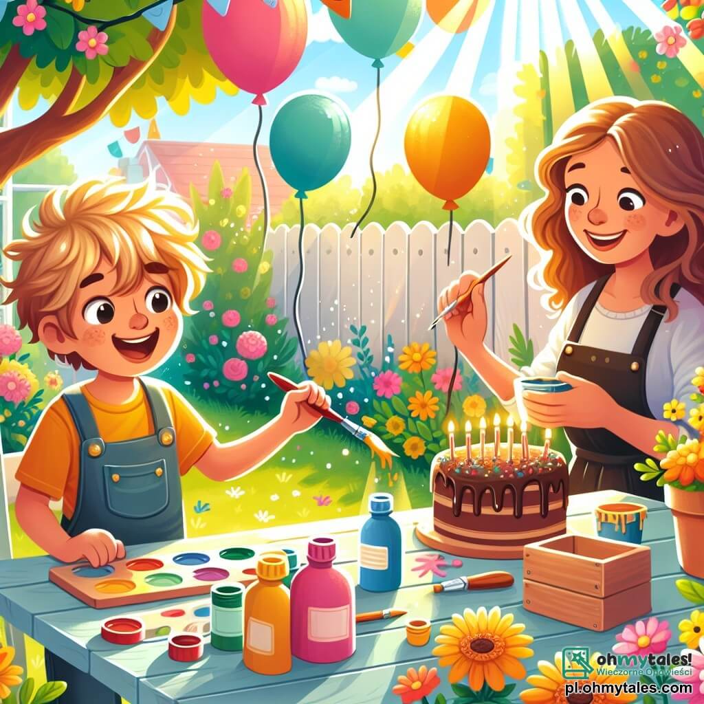 Une illustration sous forme de dessin destinée aux enfants représentant un jardin ensoleillé, rempli de fleurs colorées et de ballons flottants, où un garçon de 9 ans aux cheveux blonds en bataille, souriant et enthousiaste, peint des outils de jardinage en bois aux couleurs vives, tandis qu'une femme, sa mère, aux cheveux bruns et bouclés, l'observe avec fierté et l'encourage, le tout dans une ambiance joyeuse de préparation pour la fête des pères, avec un gâteau au chocolat sur une table à proximité et des rayons de soleil illuminant la scène.