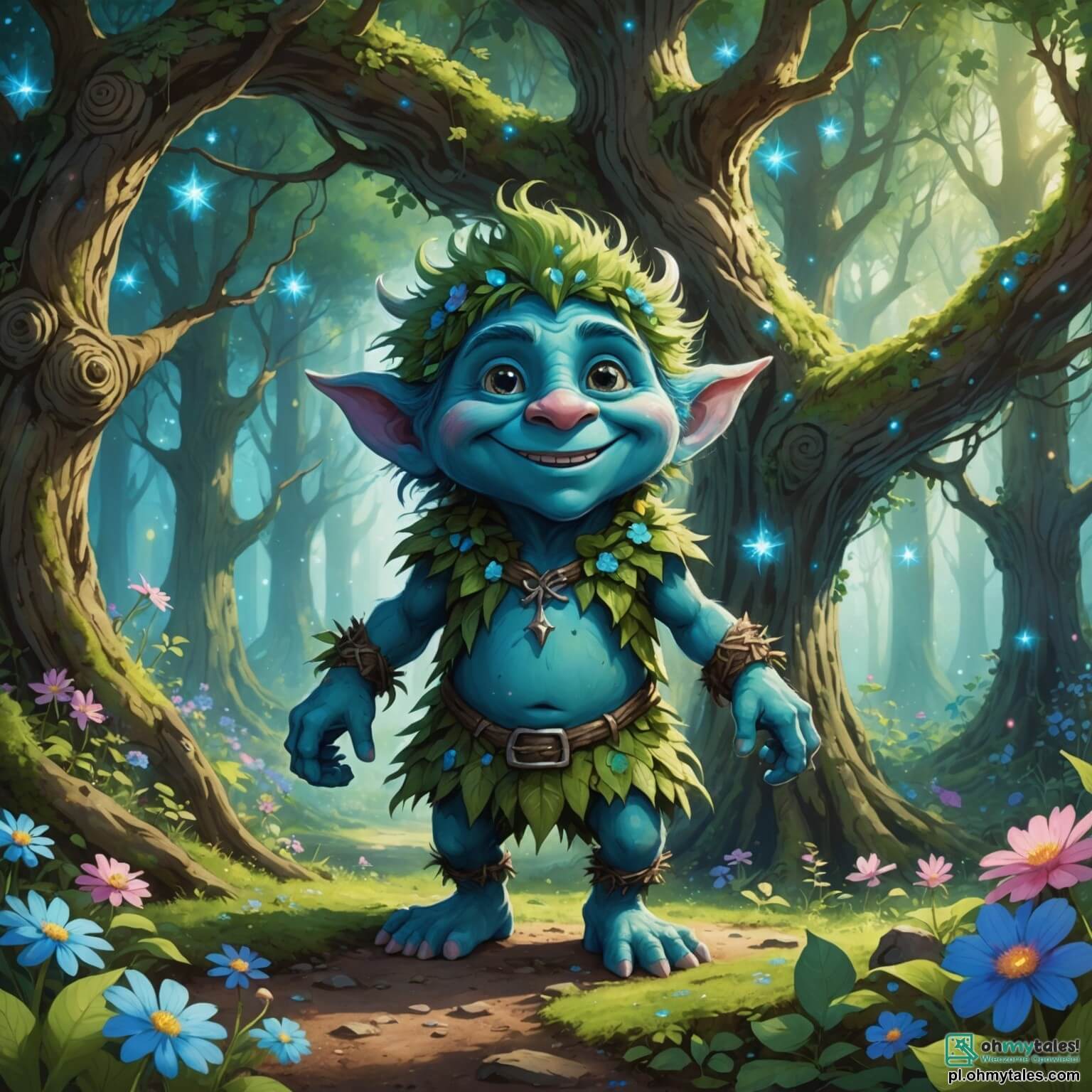 Une illustration destinée aux enfants représentant un petit troll au teint vert éclatant, aux yeux d'un bleu scintillant comme les étoiles, se tenant au milieu d'une forêt enchantée où les arbres majestueux aux troncs noueux s'élèvent vers le ciel, leurs feuilles chatoyantes dansent au gré du vent, tandis que des fleurs multicolores, aux pétales délicats et parfumés, tapissent le sol, et où le troll, au sourire chaleureux et amical, se lance dans une quête pour retrouver le précieux pyjama magique de sa nouvelle amie, une petite fée aux ailes roses scintillantes et aux cheveux dorés, qui pleure doucement près d'un ruisseau aux eaux cristallines, entouré de pierres lisses et brillantes, alors que des créatures fantastiques comme des elfes malicieux et des oiseaux chantants les observent avec curiosité, tous unis par le désir de découvrir les merveilles de leur monde féerique.