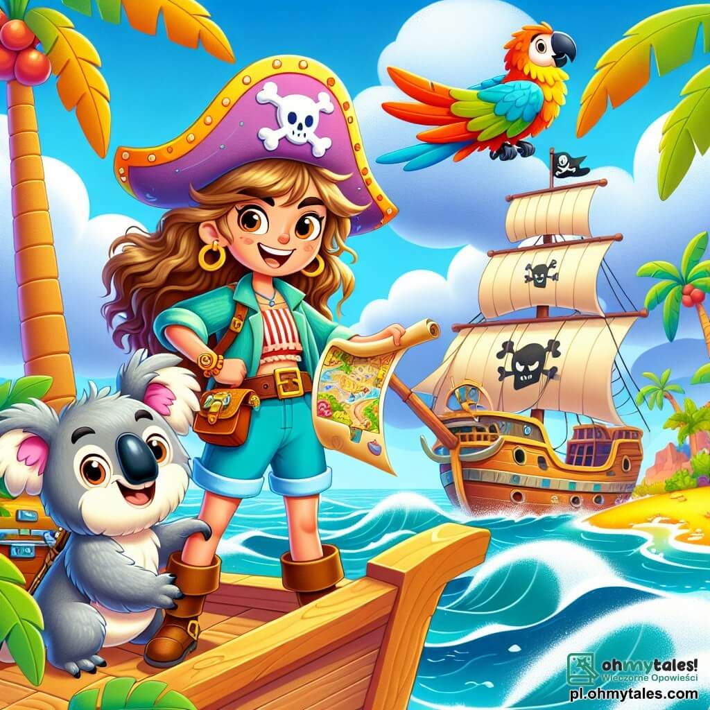 Une illustration sous forme de dessin destinée aux enfants représentant une île tropicale ensoleillée avec des palmiers et des plages de sable doré, où une courageuse femme pirate aux longs cheveux dorés, portant une chapeau coloré et un sourire déterminé, se tient fièrement sur le pont de son navire, entourée de son fidèle ami, un grand ours koala au pelage brun qui déploie une carte au trésor, et d'une petite perruche colorée qui vole joyeusement autour d'eux, alors qu'ils se préparent à affronter des pirates malveillants pour protéger leur précieux trésor, avec des vagues déchaînées en arrière-plan et un ciel bleu parsemé de nuages blancs.