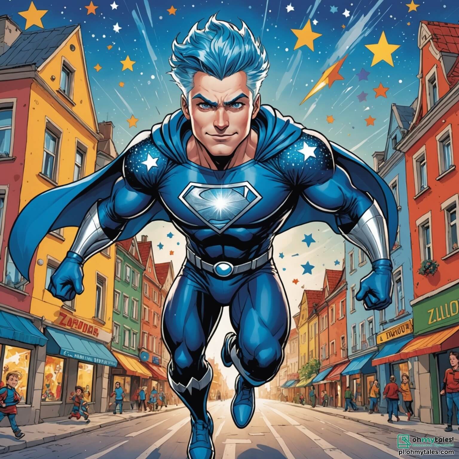 Une illustration destinée aux enfants représentant un super-héros masculin aux cheveux d'un bleu éclatant et aux yeux scintillants comme des diamants, vêtu d'un costume flamboyant orné de brillantes étoiles argentées, survolant un vibrant et coloré quartier de la ville de Złotogór, où les rires des enfants résonnent sur un joyeux terrain de jeux, tandis qu'un policier au visage inquiet, un homme à la stature imposante, se tient à ses côtés, tous deux prêts à affronter un mystérieux vilain, un homme svelte et sombre, capable de disparaître dans l'ombre, qui menace de voler la joie des habitants de ce lieu enchanteur baigné par la lumière dorée du soleil couchant.