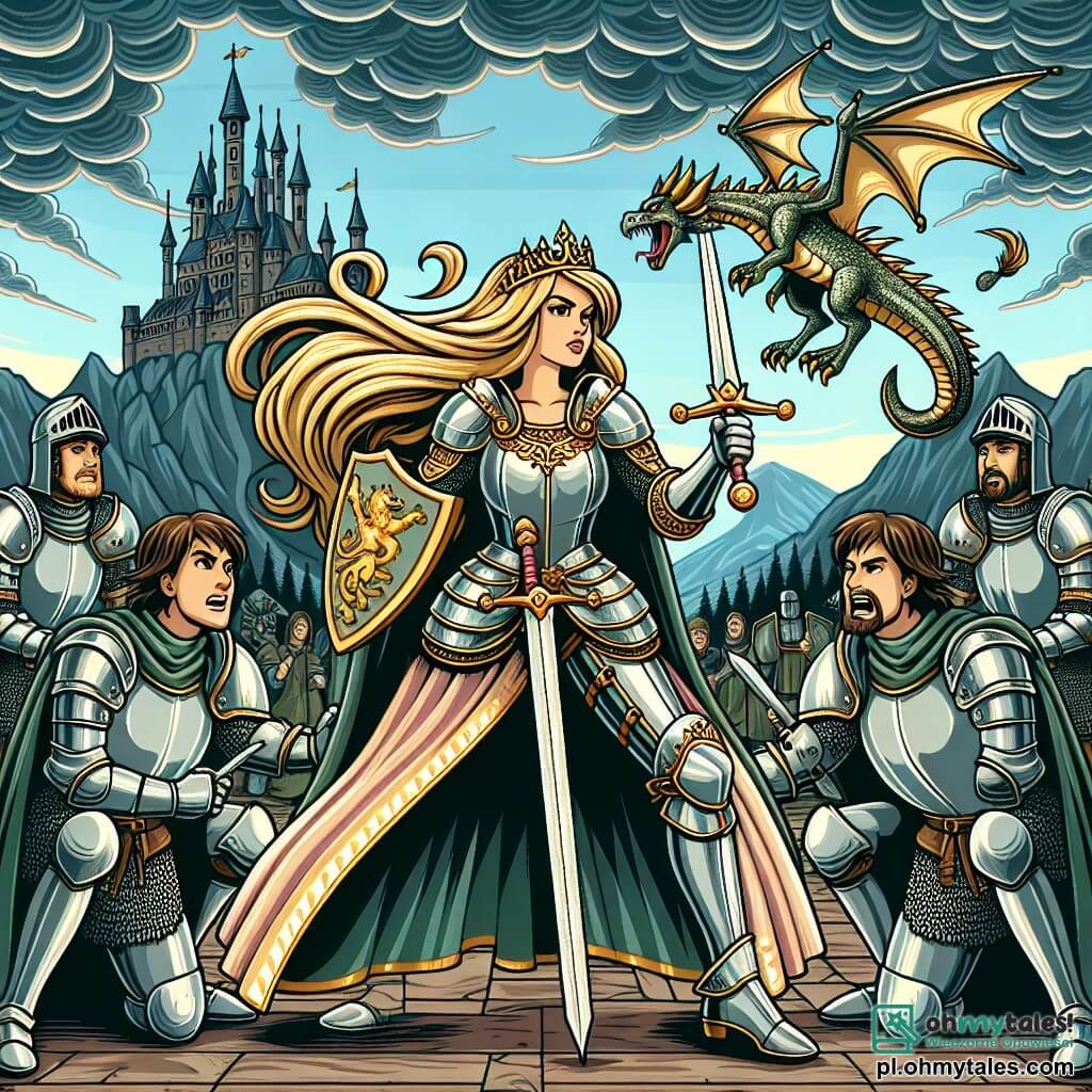 Une illustration sous forme de dessin destinée aux enfants représentant une vaste joute médiévale dans un royaume enchanté, avec une courageuse chevaleresse aux longs cheveux dorés et à l'armure étincelante, brandissant son épée avec détermination, entourée de plusieurs chevaliers (hommes) en armure, qui l'encouragent avec des expressions admiratives, alors qu'ils se préparent à affronter un dragon menaçant qui émerge des ombres des montagnes lointaines, le ciel orageux en toile de fond, ajoutant une atmosphère de tension et d'aventure.