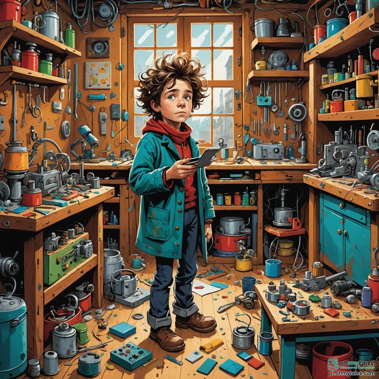 Une illustration destinée aux enfants représentant un homme aux cheveux en désordre, vêtu d'un manteau plein de taches de peinture, entouré de machines étranges et de gadgets colorés dans sa petite atelier chaotique, où il tente de créer une invention farfelue pour apporter de la joie à tous, tandis qu'une petite fille curieuse, les yeux pétillants d'émerveillement, observe avec fascination depuis la porte entrouverte, le tout se déroulant dans un coin ensoleillé d'un village pittoresque, rempli de fleurs éclatantes et de maisons aux façades pastel.