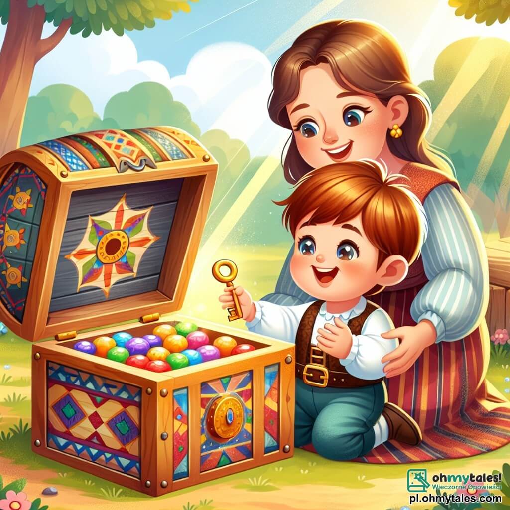 Une illustration sous forme de dessin destinée aux enfants représentant un festin coloré dans un parc ensoleillé, avec un petit garçon de deux ans aux cheveux châtains et aux yeux pétillants, tenant un petit clé dorée dans sa main, entouré de sa maman, une femme souriante aux cheveux longs et bruns, qui l'encourage avec un regard bienveillant, tandis qu'une grande et ancienne coffre en bois, ornée de motifs colorés, s'ouvre devant eux, révélant des bonbons multicolores, illustrant ainsi leur aventure de petits enquêteurs à la recherche de trésors cachés.